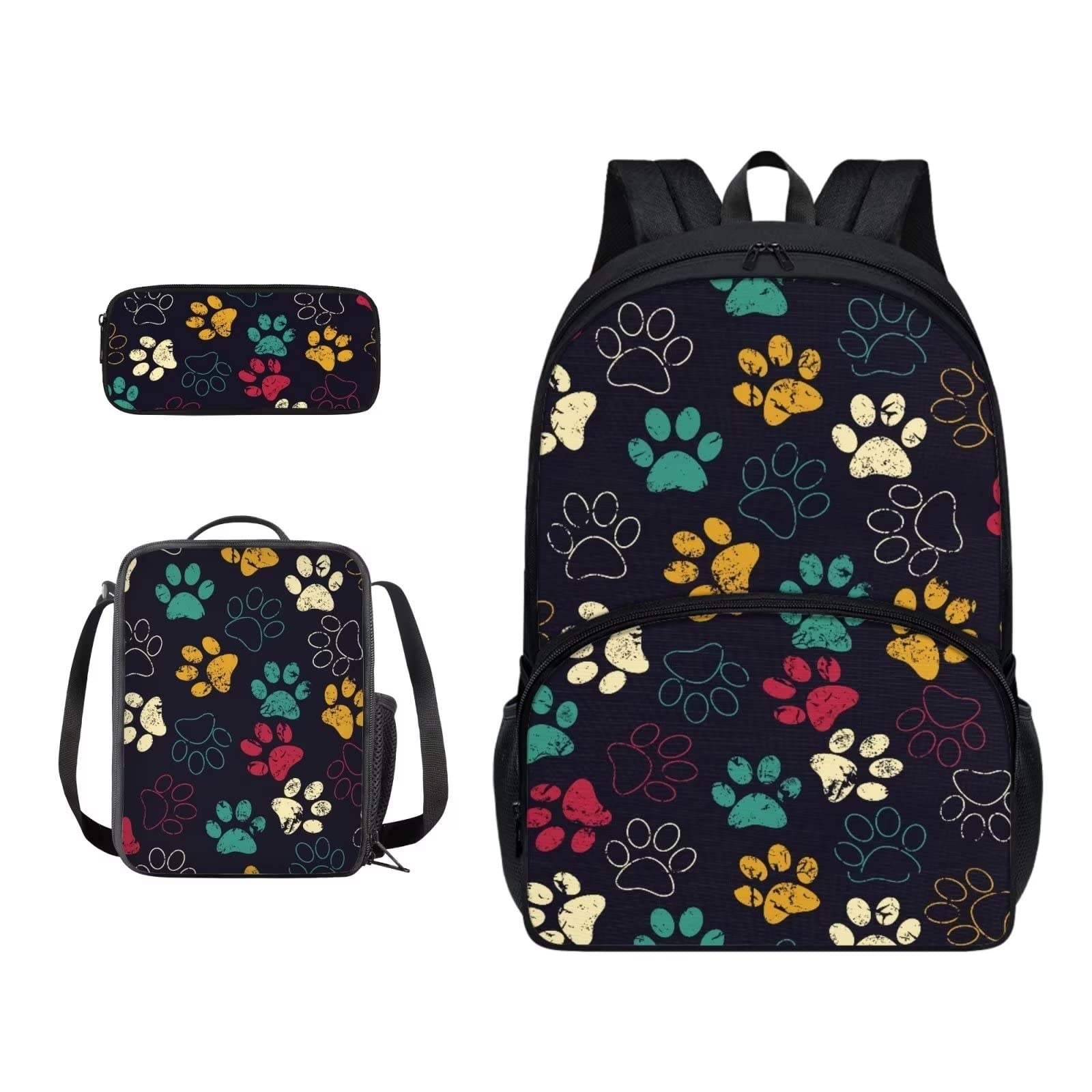 Poceacles Schultasche und Lunchbox-Set für Teenager, Jungen, Grundschule, Büchertasche, Federmäppchen für Grundschulkinder, Mehrfarbige Pfotenabdrücke, Einheitsgröße