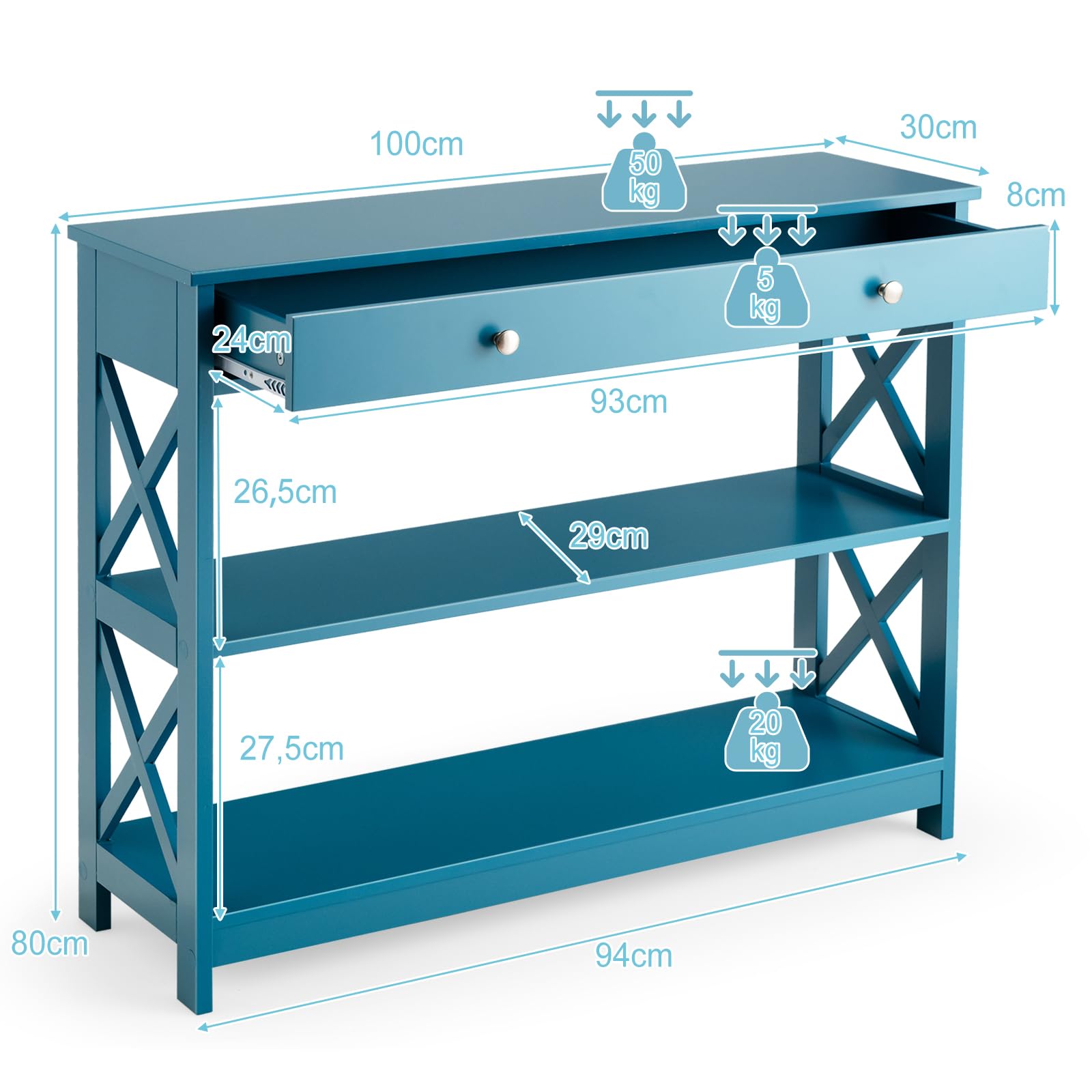 COSTWAY Tavolo Consolle con Cassetto, Tavolo da Ingresso a 3 Ripiani, Tavolino per Divano per Ingresso Soggiorno Camera da Letto, Stile Vintage Industriale (blu)