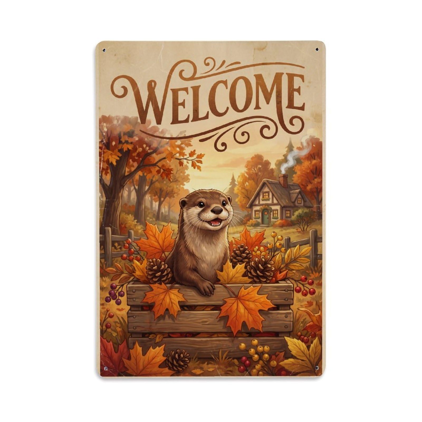 Cxhjca 8X12inch(20X30cm) Vintage Welcome Otter Harvest Season Metal Tin Sign