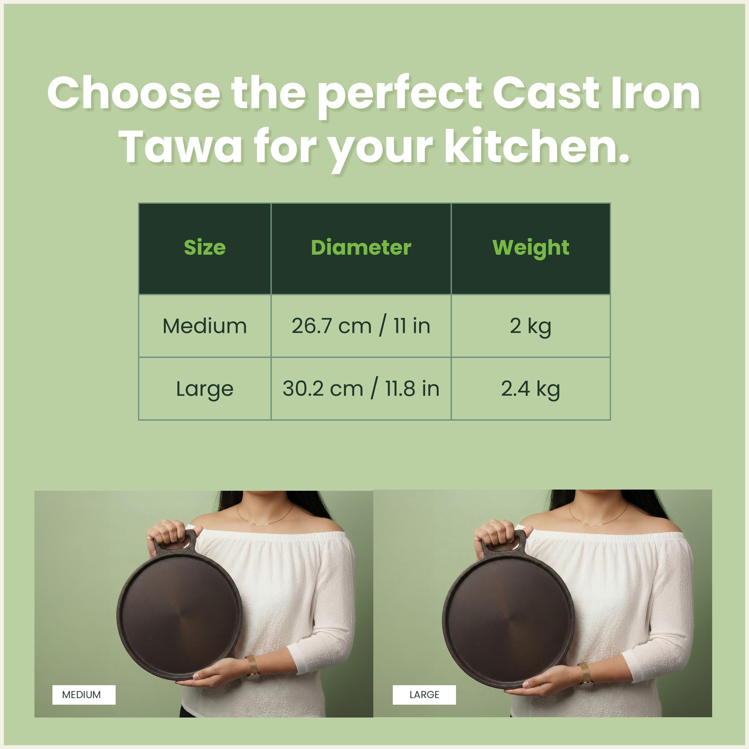 The Indus Valley Super Smooth Cast Iron Tawa with Free Wooden Spatula for Dosa/Chapathi | 27.6cm/10.8 inch, 2kg | Induction Friendly | Naturally Nonstick, 100% Pure & Toxin-Free