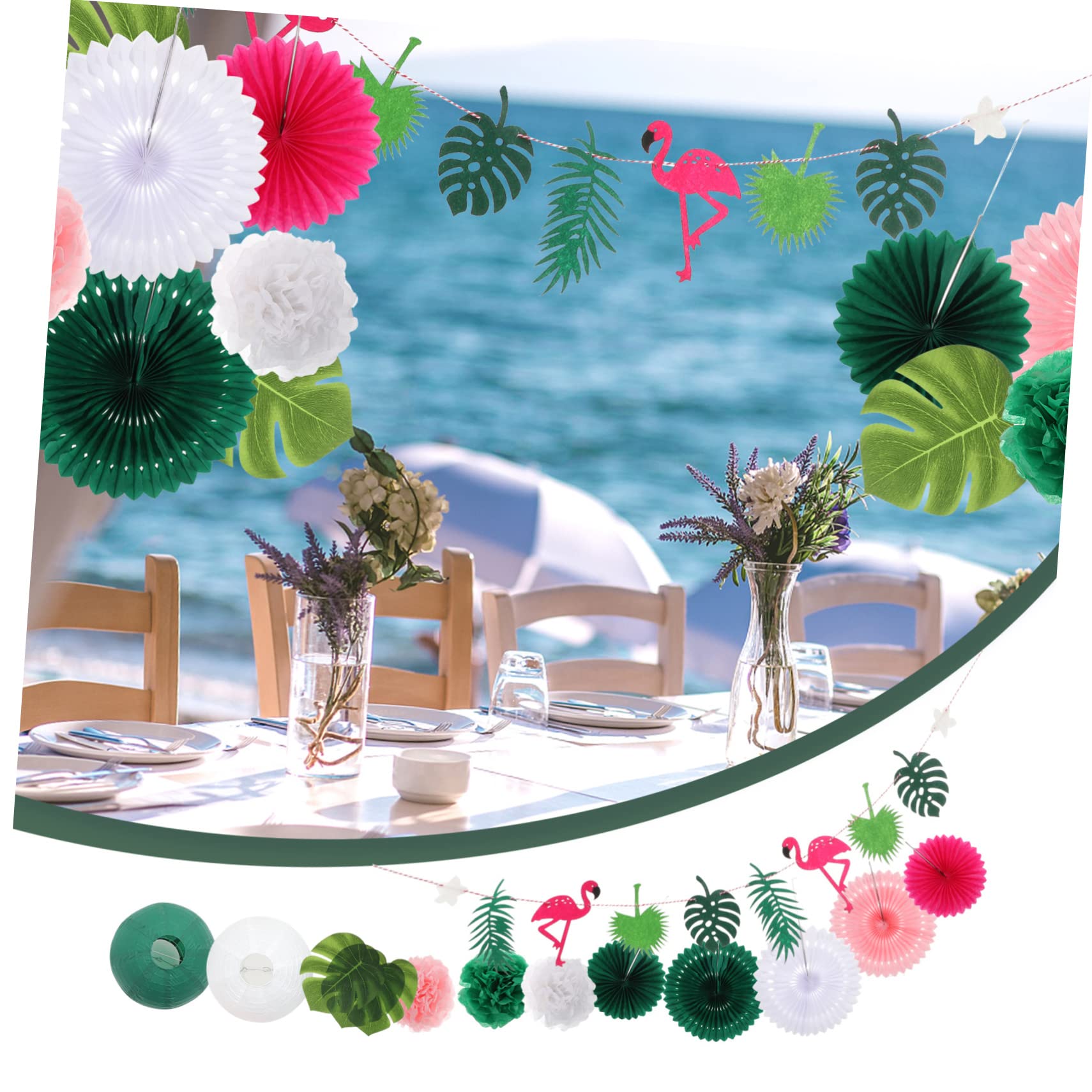 Holibanna Juego de Pancartas Hawaianas y Pompones con Abanicos de Papel y Flamencos, Decoración de Papel para Fiesta Tropical de Verano para Cumpleaños y Playa