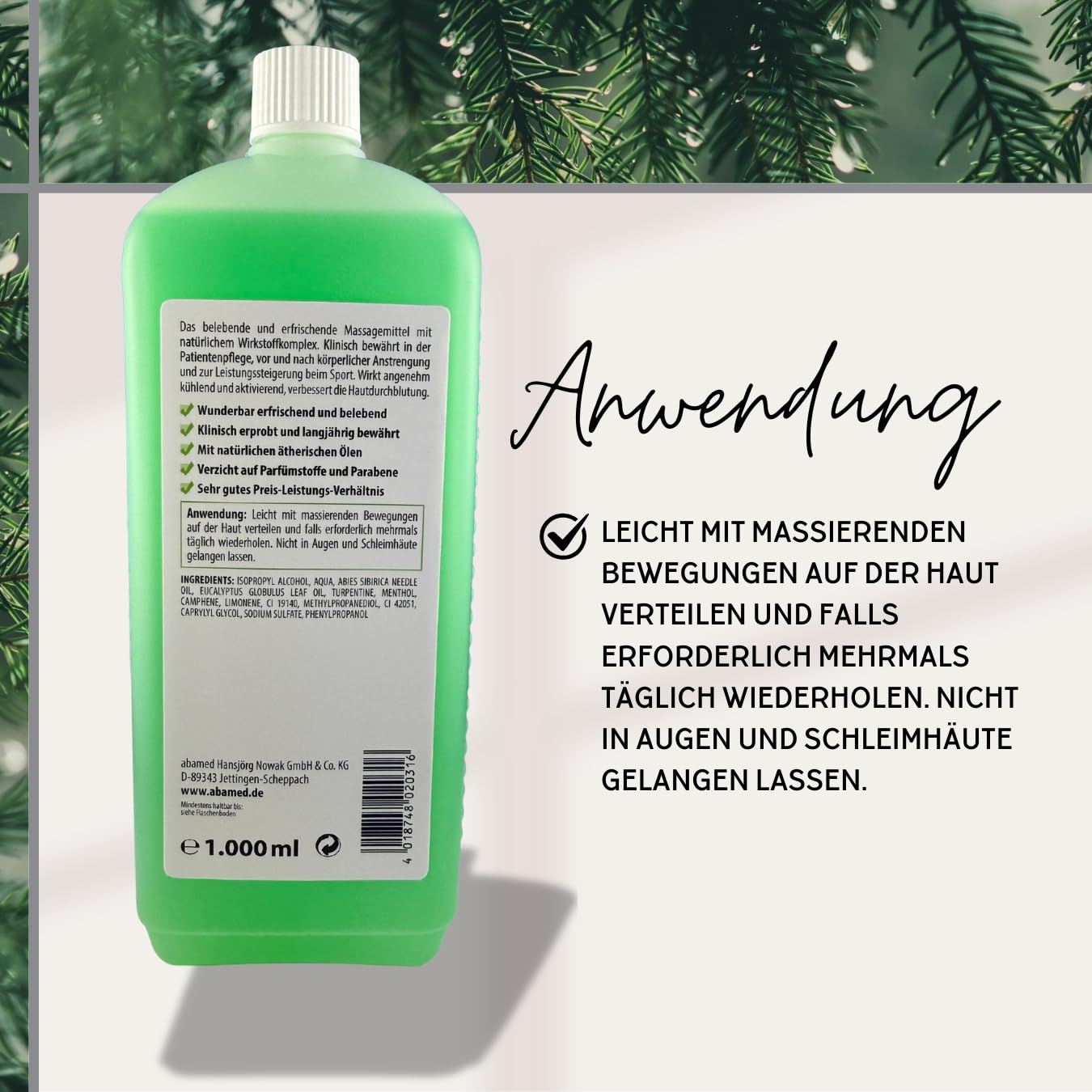 Nervgeist Einreibung – belebende Körperpflege mit Fichtennadel, Eukalyptus & Menthol, 1000 ml