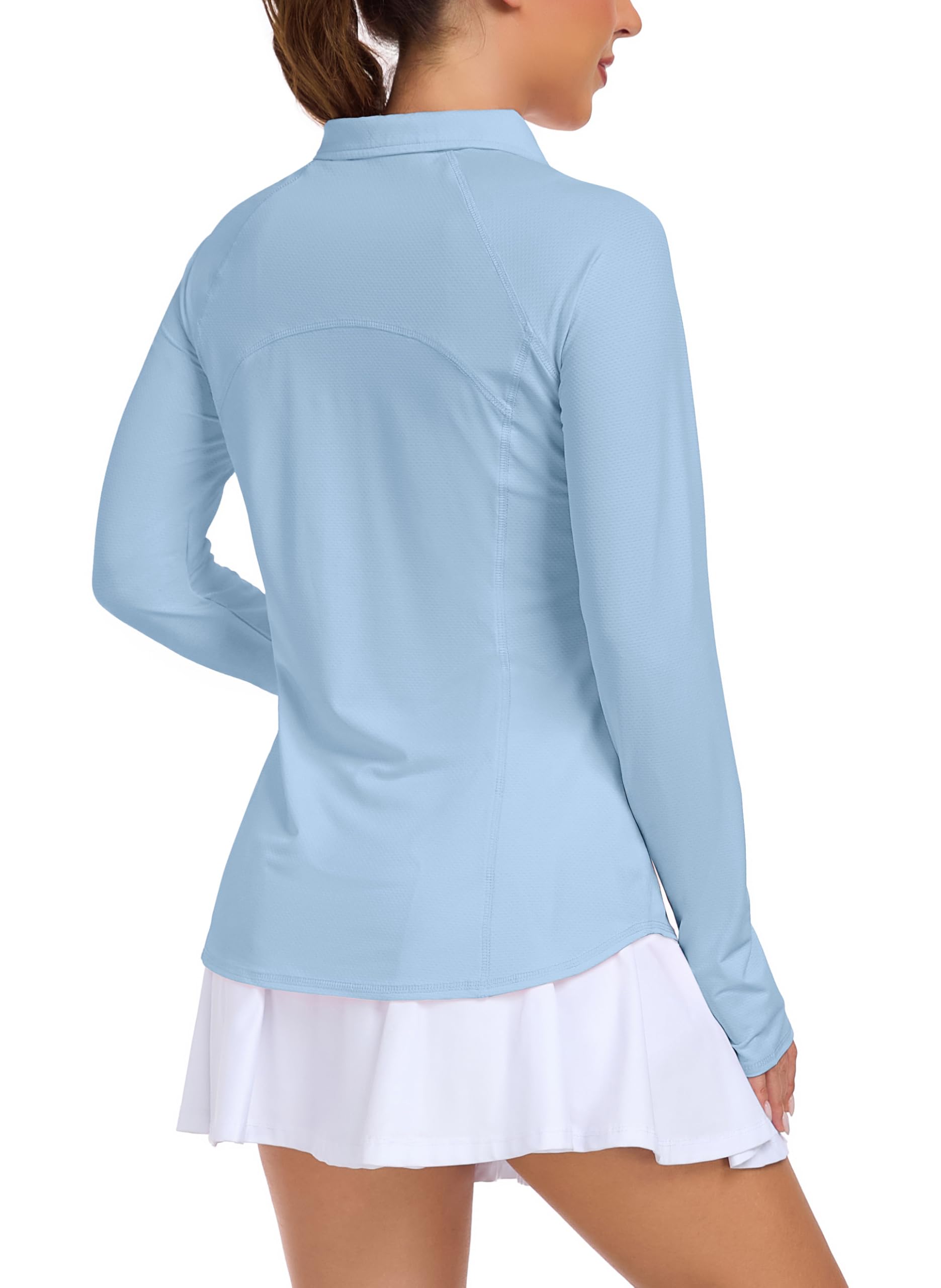 IWOLLENCE Camiseta deportiva para mujer con protección UPF 50+ UV para mujer, para entrenamiento, gimnasio, ropa de manga larga, cremallera de 1/4, con agujeros para el pulgar y bolsillo oculto en el — view 6