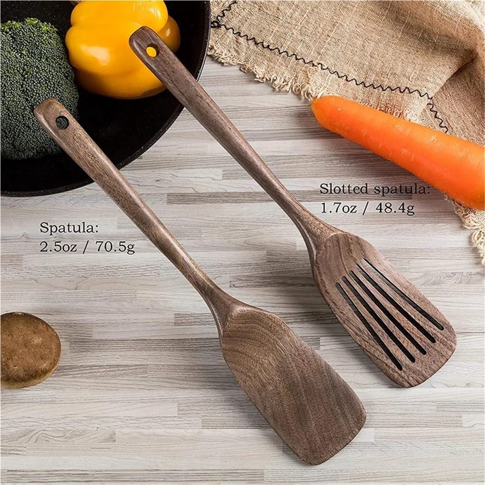Espátula de Madera y espátula ranurada for cocinar, Mango Largo de Nogal Negro y ranurada for Utensilios de Cocina antiadherentes.