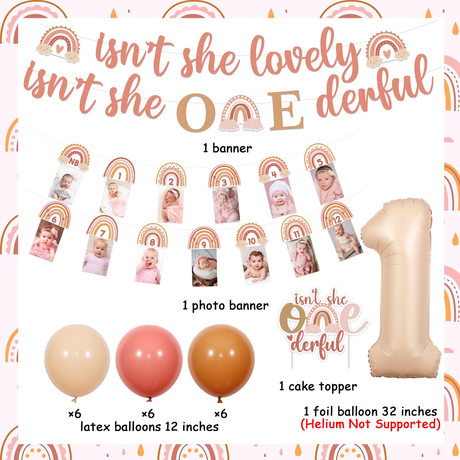 Boho Rainbow 1st Birthday Decorations Kit For Girls - Backdrop, Banner, Cake Topper, Balloons, 'Isn't She Onederful'