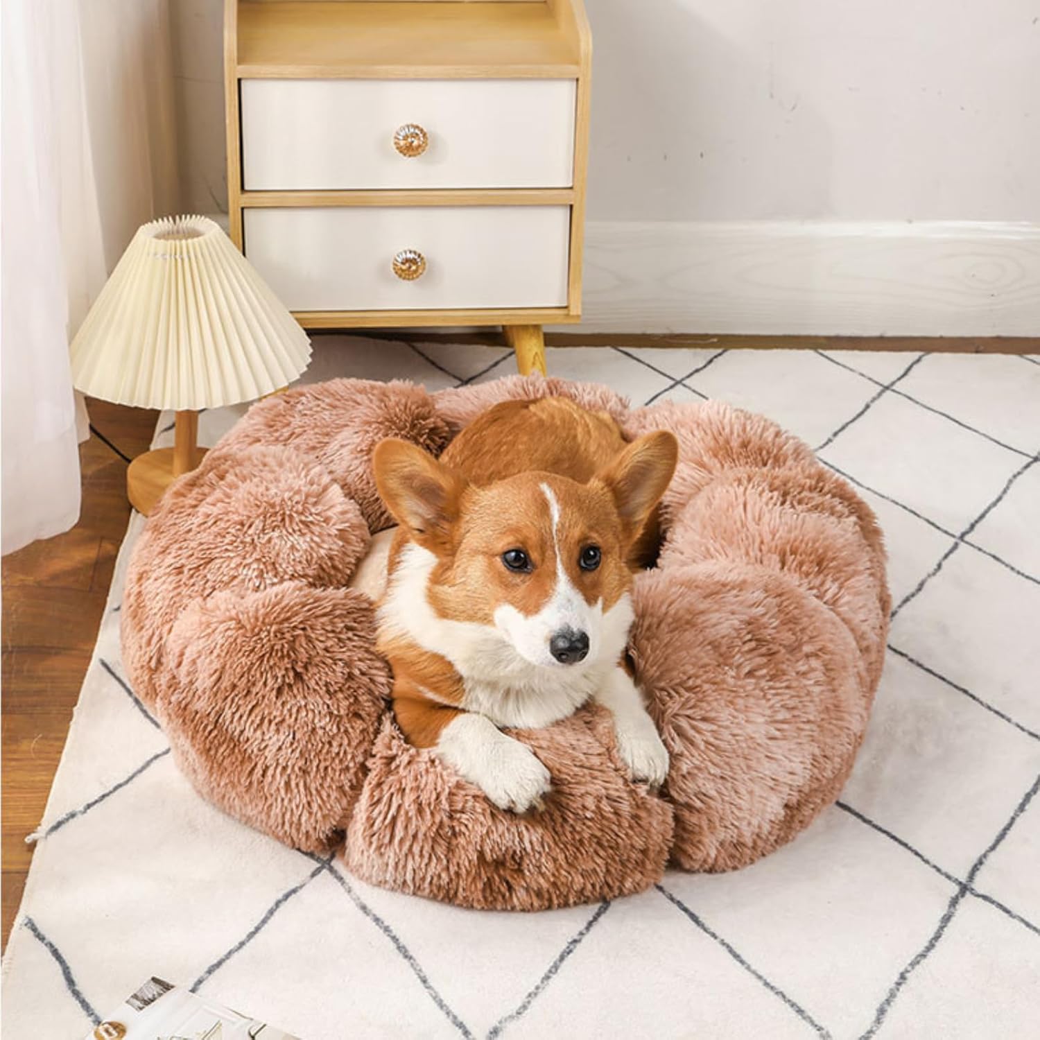 Cute Flower Plush Cat Bed Tie-Dye Rainbow Kawaii Pet House Colorful Soft Warm Anti-Anxiety (Large 32 x 32 inch, Red)