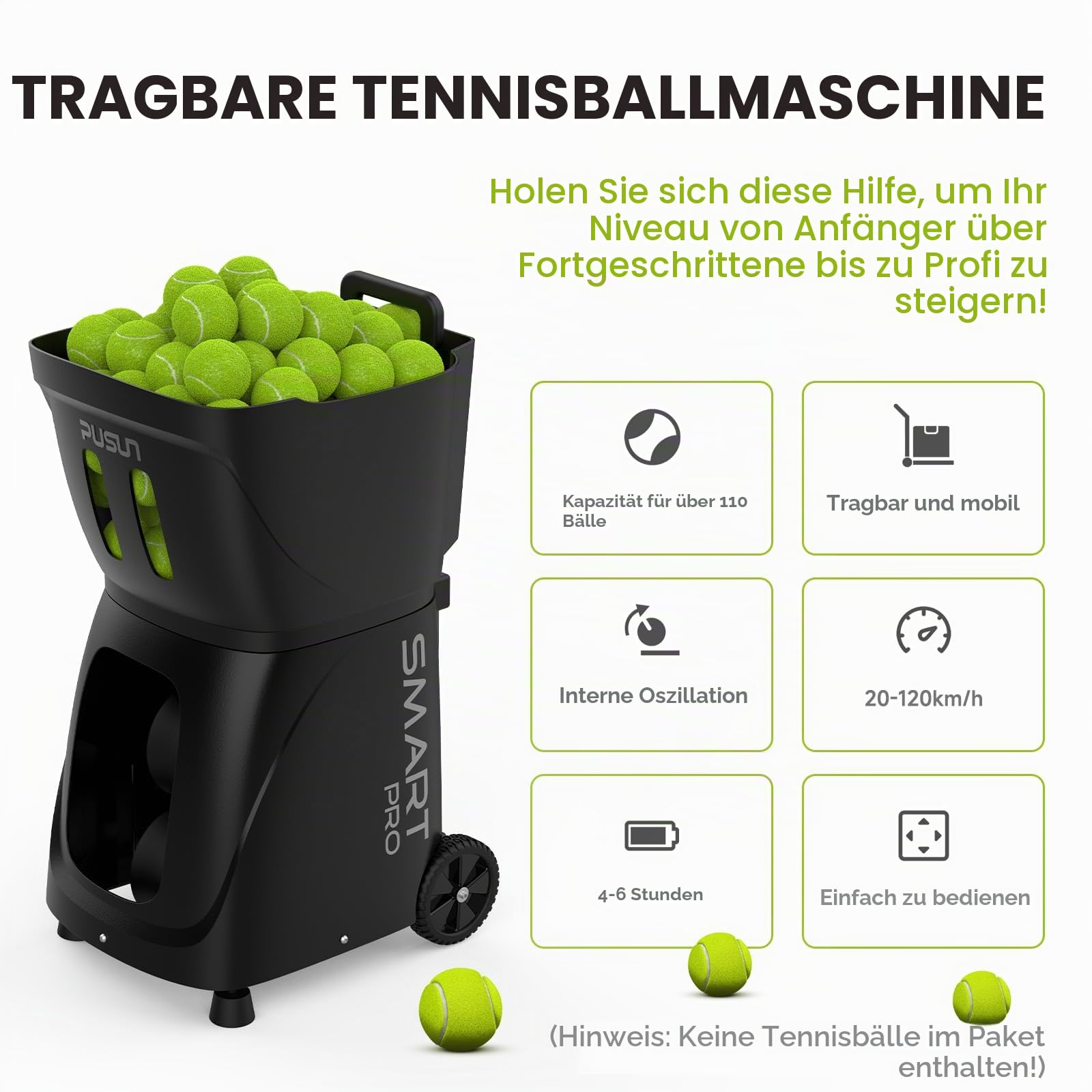 PUSUN Tennis Ball Machine, Padel Tennis Ball Launcher mit 115+Ball Kapazität, Dreifach-Steuerung über App/Remote/iWatch, AI Drill/Programmierung/Zufall, 4-6Stunden Batterie Lebensdauer, Protable