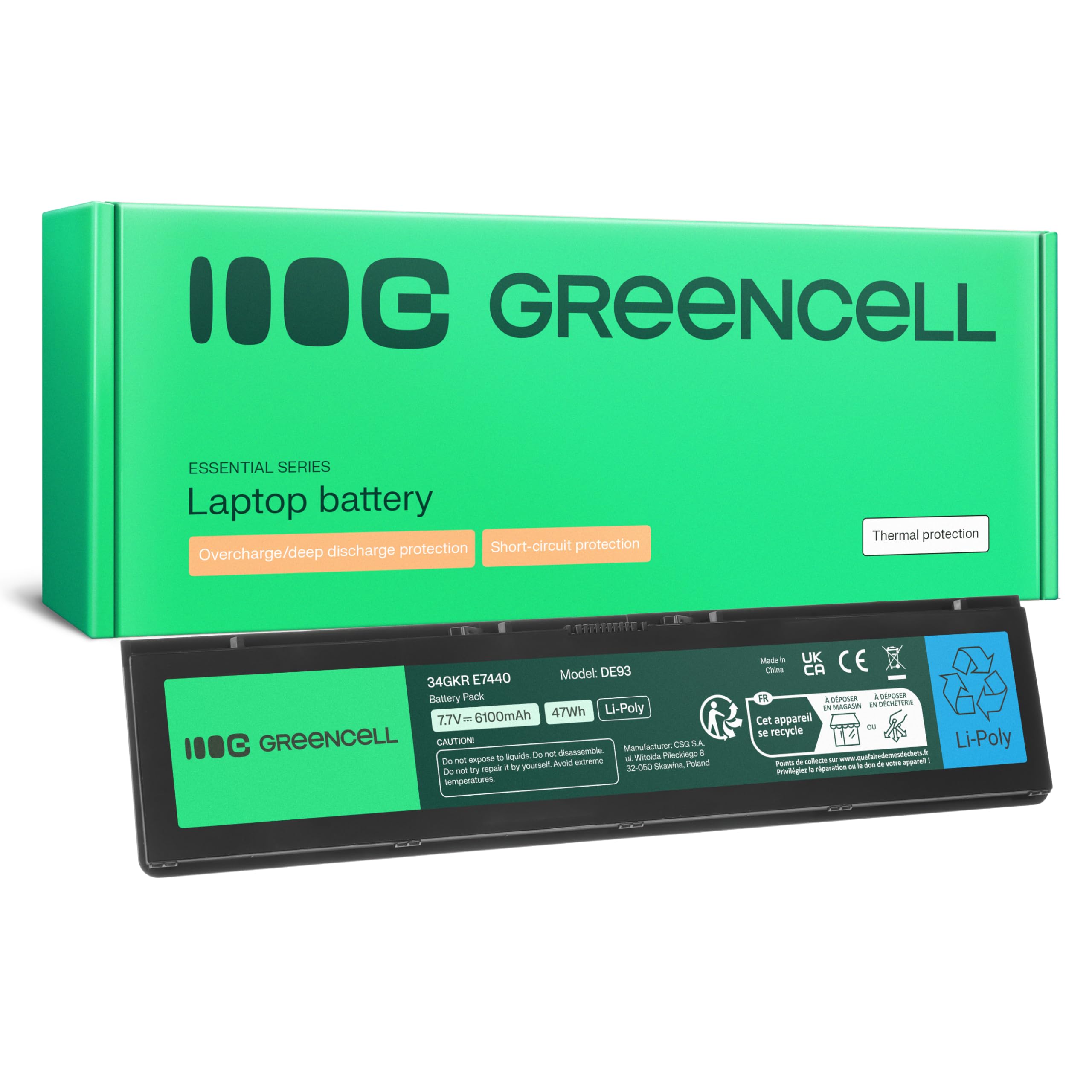 Green Cell Bateria do laptopa 34GKR 3RNFD PFXCR 909H5 F38HT WVG8T 0909H5 0WVG8T 451-BBFS do Dell Latitude E7440 E7450 (4500 mAh, 7.4-7.6 V, Kolor Czarny)