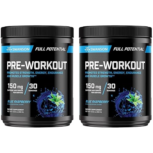 Swanson Full Potential Pre-Entrenamiento - Sabor Frambuesa Azul - Fórmula energizante para mejorar el rendimiento y la resistencia - 150 mg (paquete
