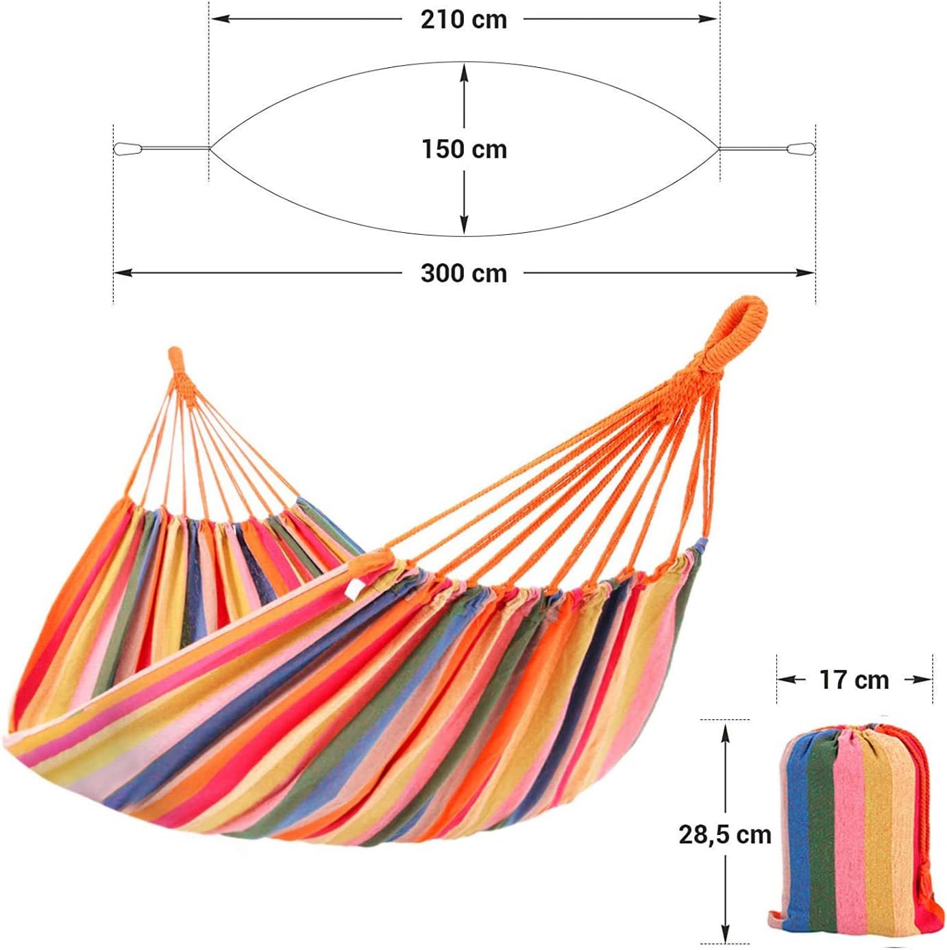 Hammock, 210 x 150 cm, Double Hammock with Fastening Straps and Carabiners, 300 kg Load Capacity