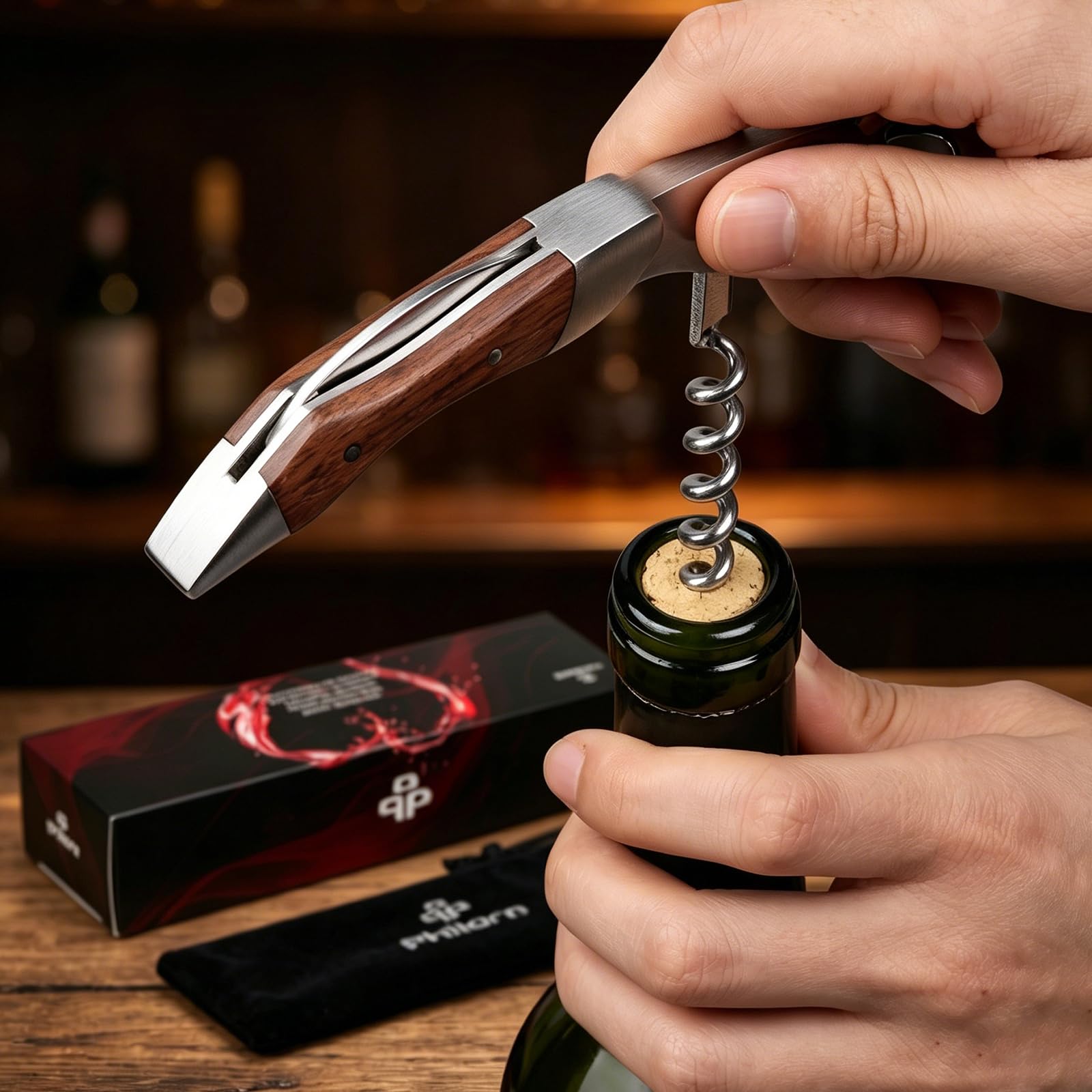 PHILORN Cavatappi Professionali, 3-in 1 Palissandro Naturale Apribottiglie Acciaio Inossidabile, Ebook Ricetta Vino Coltello Sommelier Apri Bottiglia, Scelta di Cameriere, Barista, Somelier