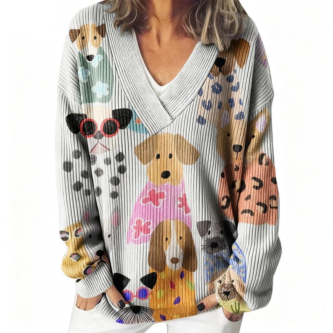 Oversized Sweaters for Women Cute Flower Lobster Fish Print Long Sleeve V Neck Pullover Knitted Sweater Tops