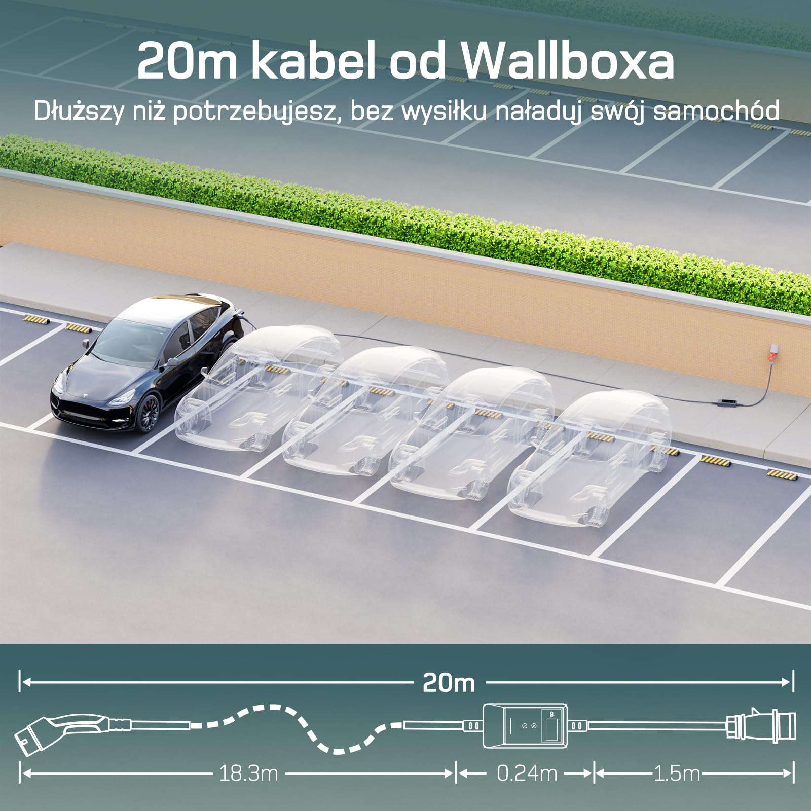 dé Ładowarka Mobilna 22kW, z Aplikacją [3-Fazowa, 20m, 6-32A] z Licznikiem Prądu, Kablem do Ładowania CEE 32A na Typu 2 i Ładowarką EV do modeli Y, E-208, 500e i innych EV/PHEV