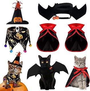 5 Pcs Halloween Cat Costumes Cat Bat Wings Kitten Costume Cat Vampire Cloak Reversible Bat Cape Cat Pumpkin Witch Cloak (Red Cloak)