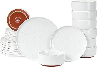 GZG Modern Art Series - 24 Pcs Speckled Stoneware Plates and Bowls Sets, Ceramic Dinnerware Set with Rustic Terracotta Underside, Microwave and Dishwasher Safe Handcrafted Dishes Set - Porcelain White