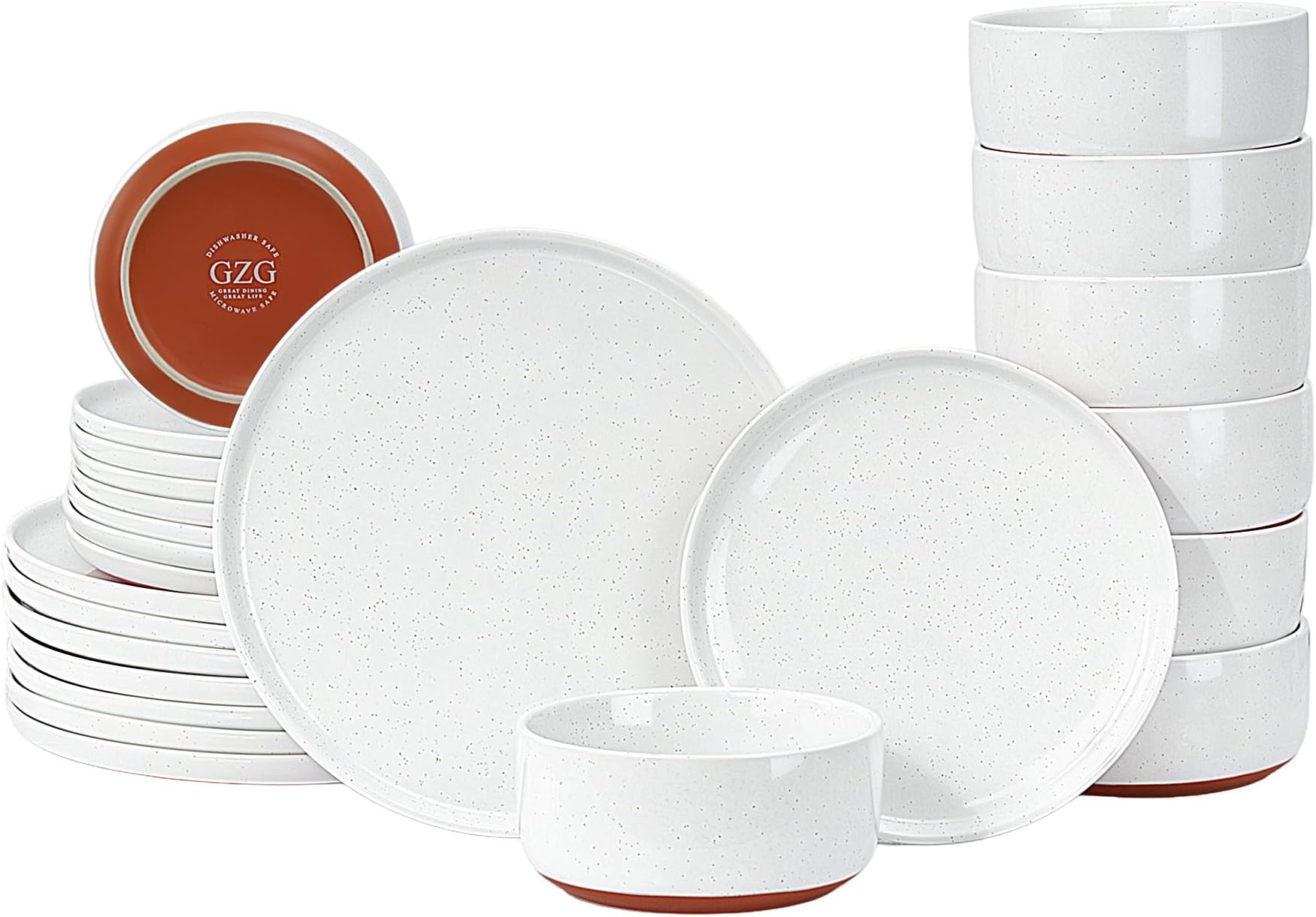 GZG Modern Art Series - 24 Pcs Speckled Stoneware Plates and Bowls Sets, Ceramic Dinnerware Set with Rustic Terracotta Underside, Microwave and Dishwasher Safe Handcrafted Dishes Set - Porcelain White