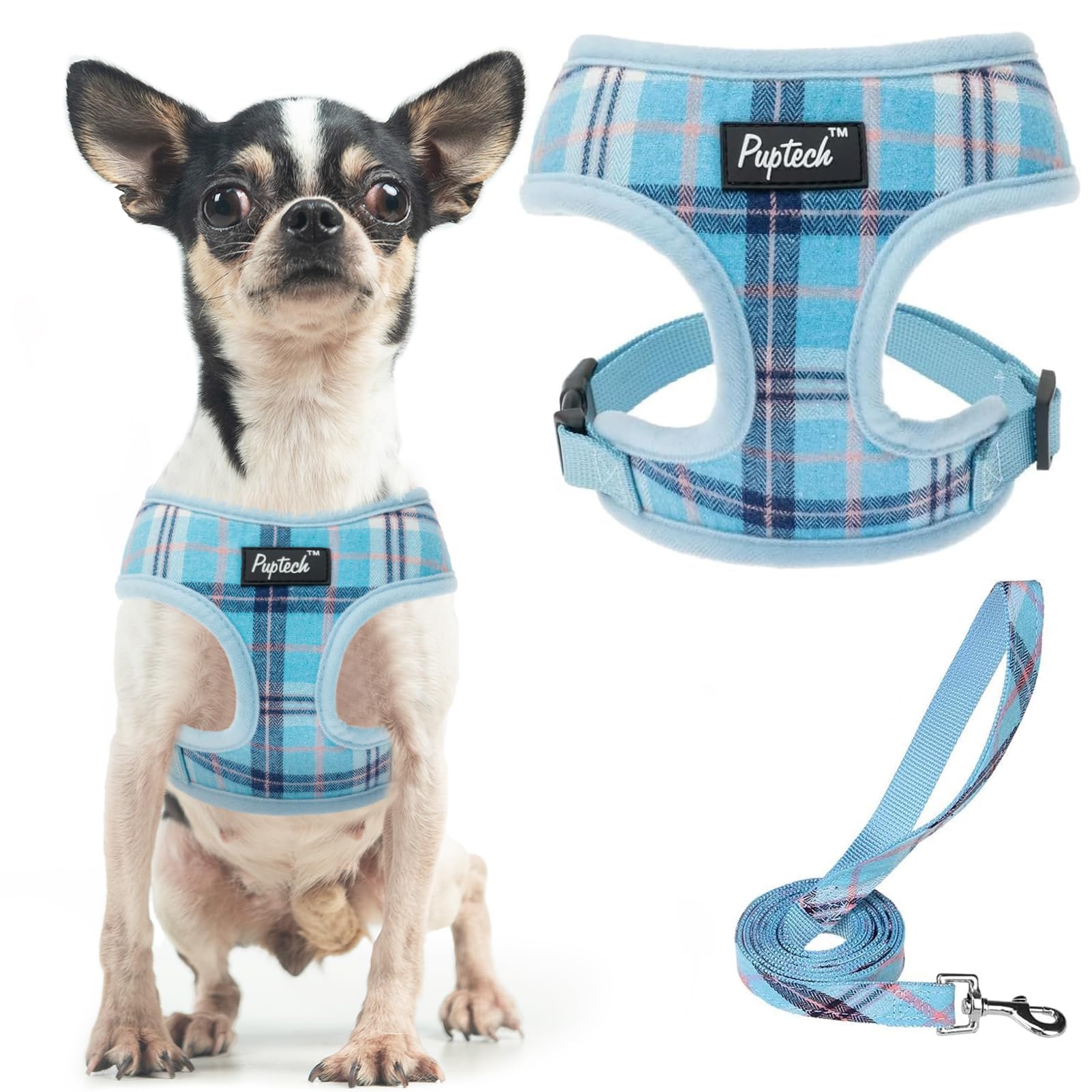 PUPTECK Soft Mesh Dog Harness and Leash Set Pet Puppy Cat Comfort Padded Vest No Pull Harnesses, Light Blue, XS