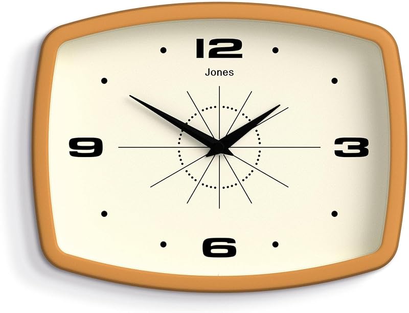 Reloj de pared de película | Reloj retro rectangular | 10" | Amarillo mostaza | Aspecto moderno de diseñador de mediados de siglo para cocina, sala de estar u oficina