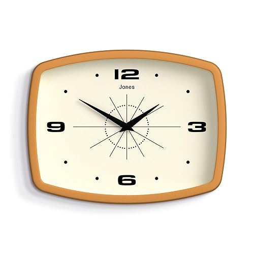 JONES CLOCKS® Movie Wall Clock | Rectangular Retro Clock | 10 inch | Mustard Yellow | Cool mid-Century Designer Look for Kitchen, Living Room or Office