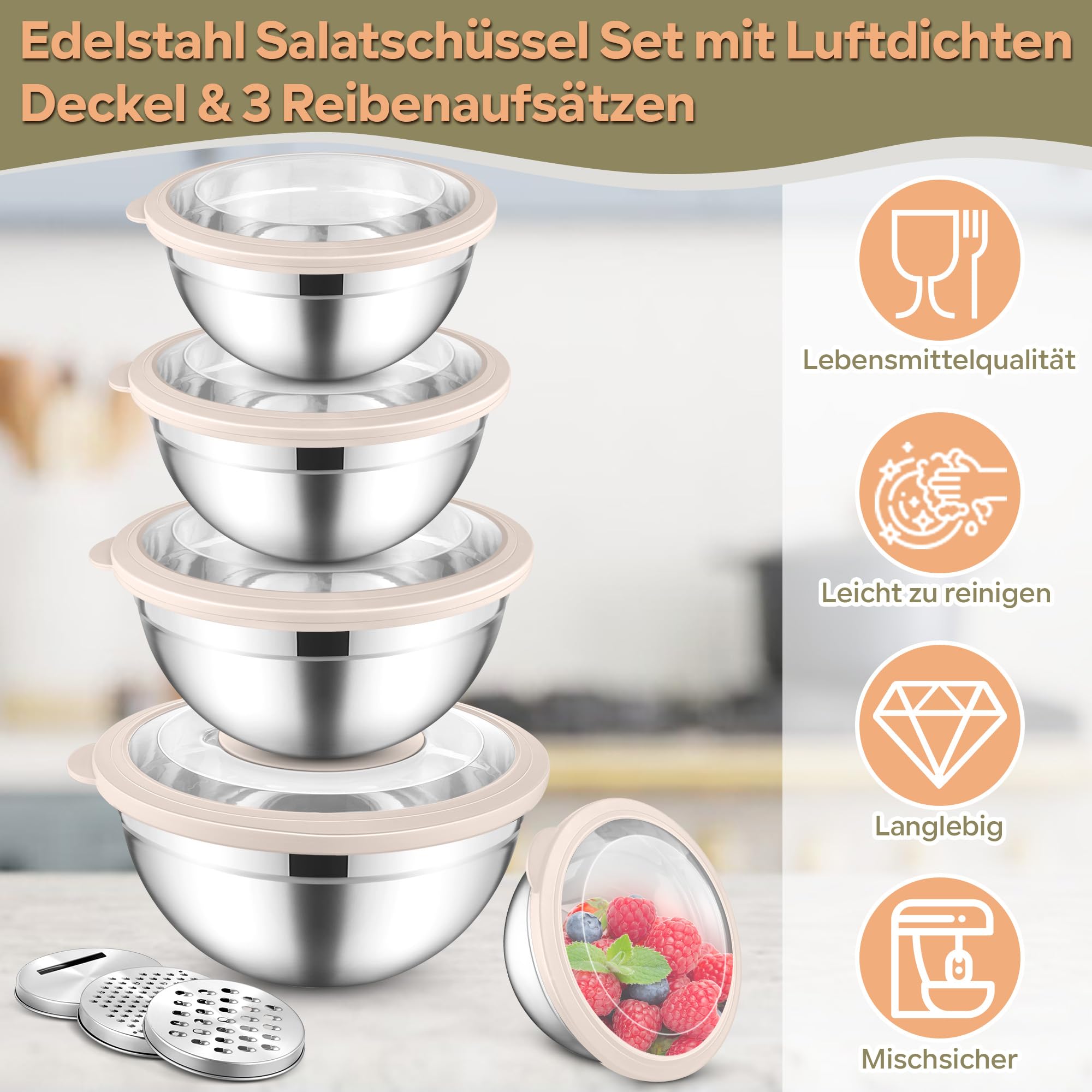HaWare Zestaw 5 misek do mieszania ze stali nierdzewnej, z przezroczystymi, hermetycznymi pokrywkami i 3 nakładkami do tarcia do gotowania, pieczenia, 4,5 l/2,8 l, 1,5 l/1,2 l/0,7 l, możliwość mycia w