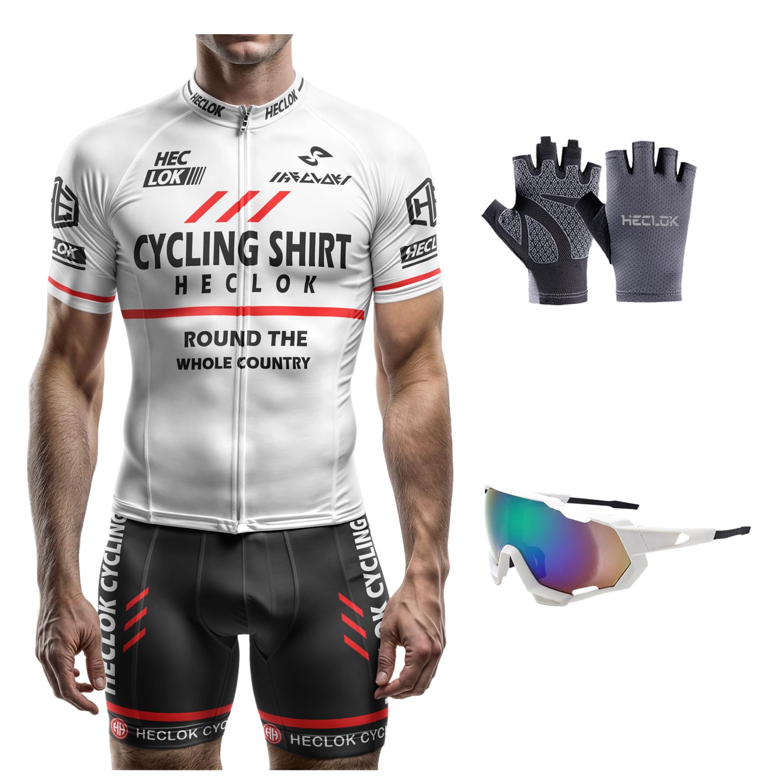 Maillot de Cyclisme Homme Respirant + Short de Course avec Coussinet - Tenue Vélo Sportive Été - Ensemble VTT Route - Tissus Anti-Transpiration - Gants avec lunettes