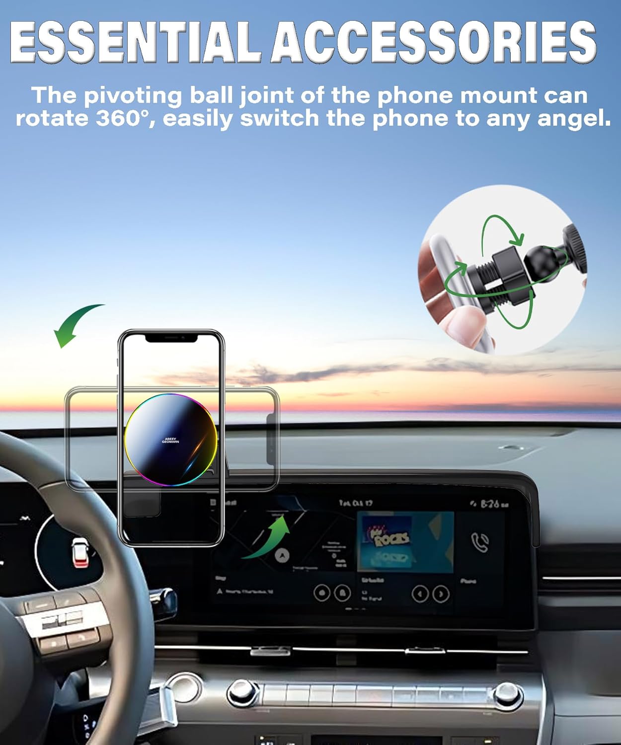 Car Phone Holder for 2024 2025 2026 Hyundai Kona/Kona EV Electric Accessories 15W Fast Wireless Charger Screen Fixed Clip HandsFree Cell Phone Mount 360° Rotation (12.3 Inch)