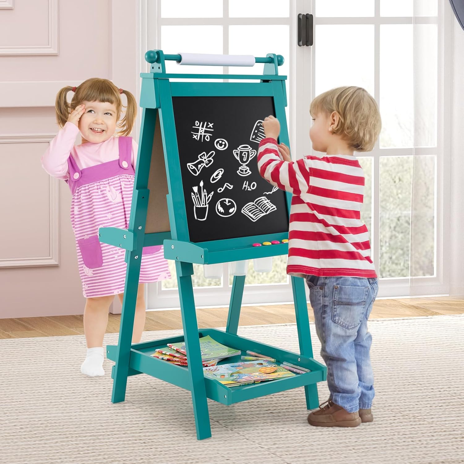 Costzon Easel for Kids, 3 in 1 Foldable Art Easel with Magnetic White Board, Chalkboard, Paper Roll, 3 Paint Cups, 3 Storage Trays & 3 Adjustable Heights, Drawing Stand for 3+ Toddlers (Green)