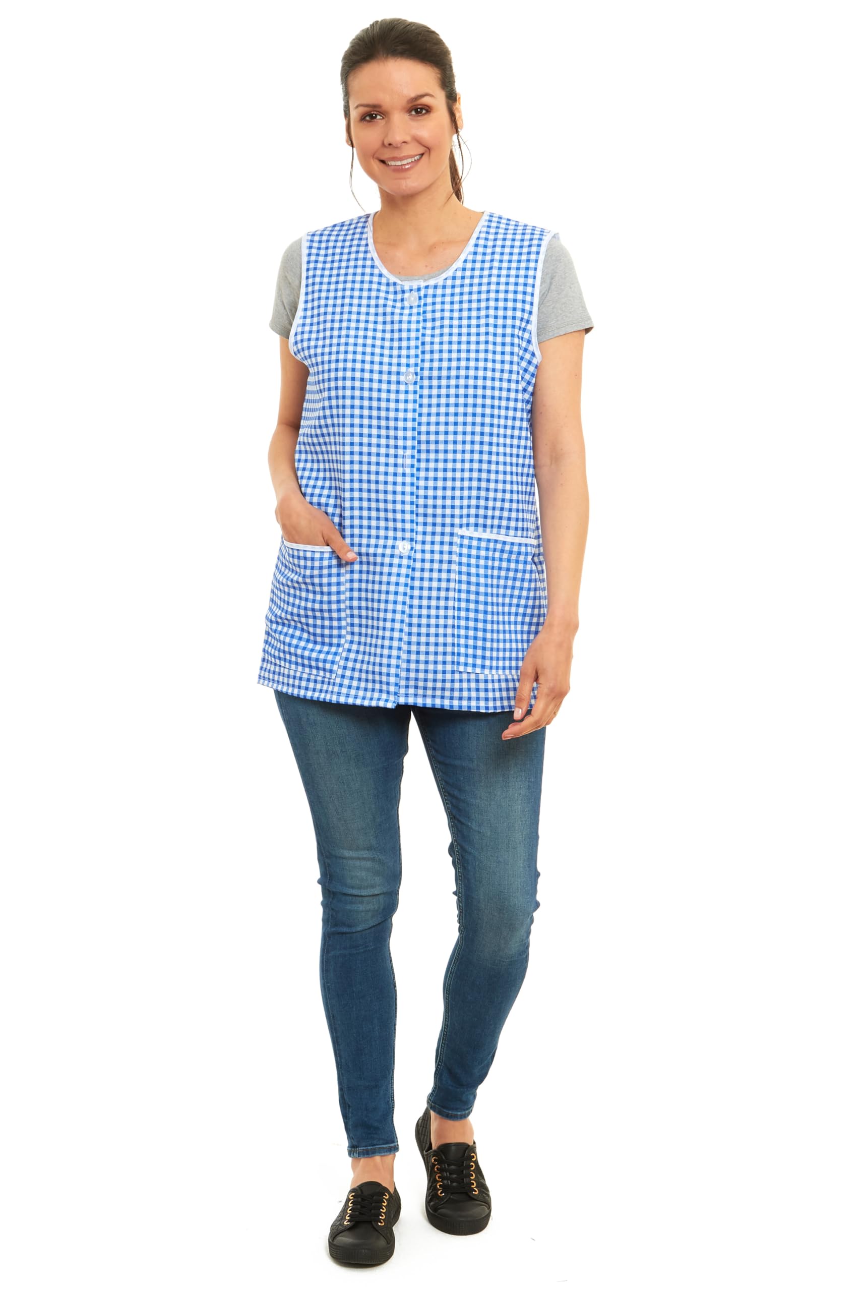 Bags-n-Aprons Button Through Ladies Sleeveless Overall in Easycare Polyester, with 2 good size pockets, button through front fastening.(XXOS (approximately 52/54 inches), Navy Blue Check)