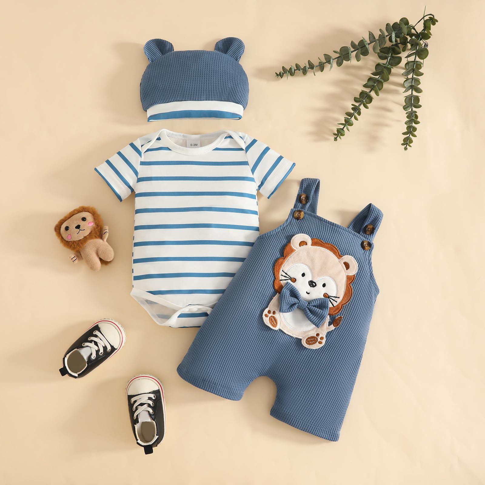Ropa de Bebé Recién Nacidos Manga Corta a Rayas Mono Top+ Pantalones Cortos con Tirantes y Animales + Sombrero 3 Piezas Verano Conjuntos — view 2