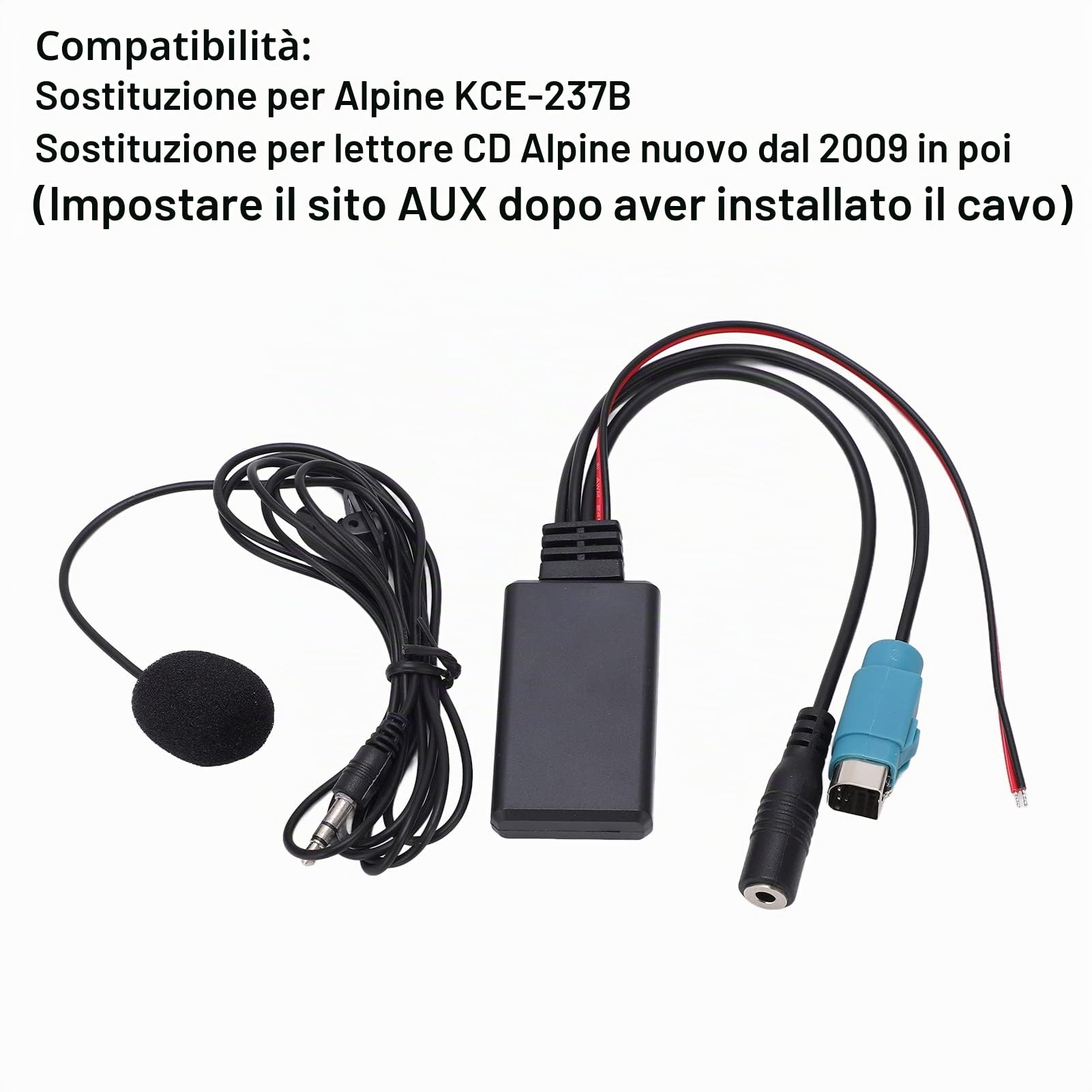 EBTOOLS Cavo Bluetooth Stereo Aux-In per Auto, Sostituzione per Alpine KCE-237B e Lettori CD dal 2009, Bluetooth 5.0, MP3, WMA, WAV, FLAC, DSD, Microfono Rimovibile, ABS, Nero Popolare