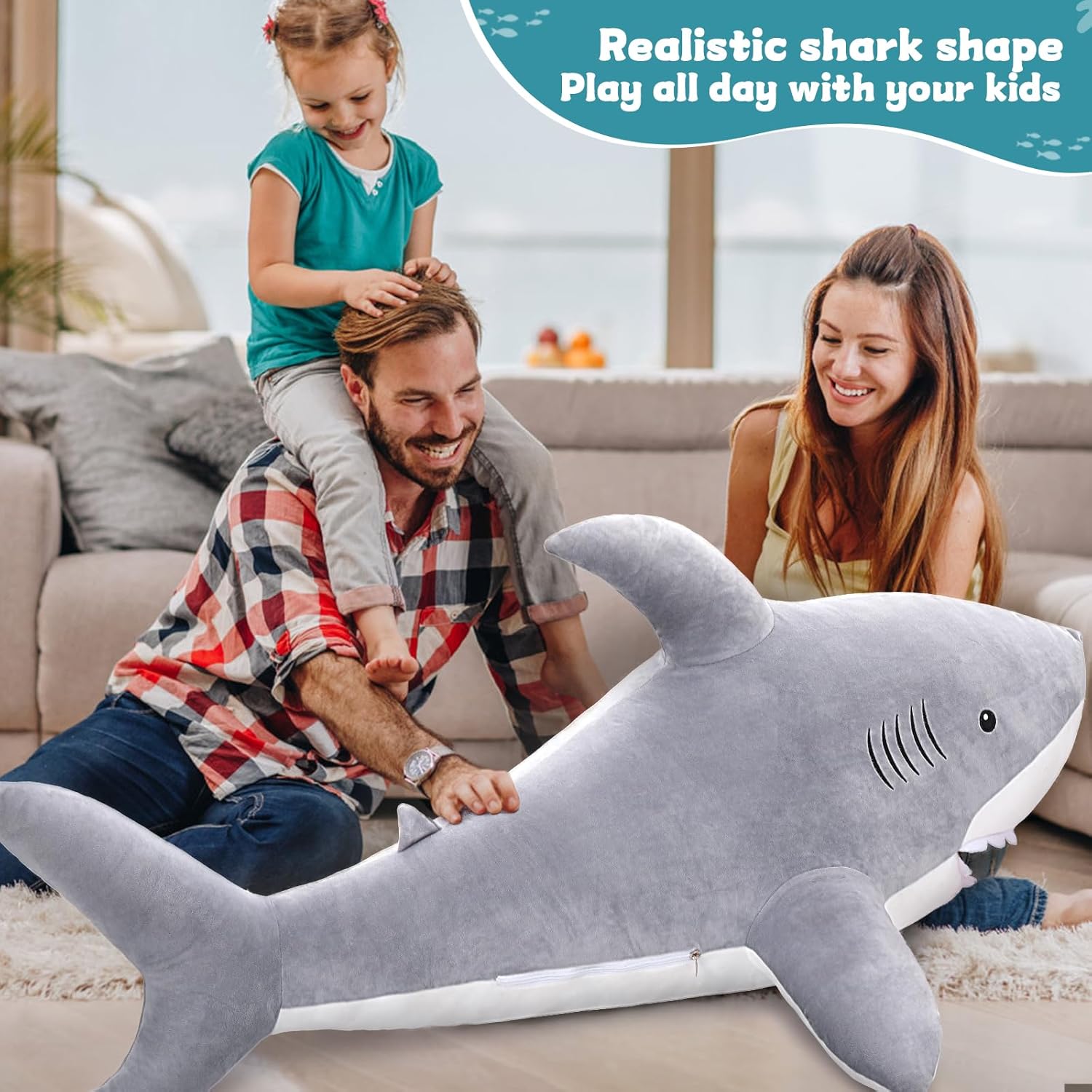 MorisMos 51inch Giant Shark Stuffed Animal, Large Shark Plush Toy Pillow Gift for Kids, Girlfriend, Gray