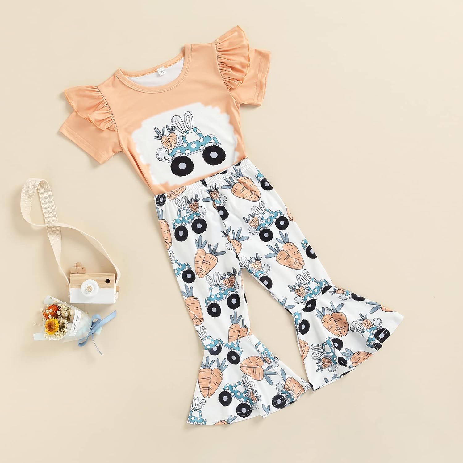 Kids Toddler Baby Girl Easter Outfits Short Sleeve Shirts Bunny T-shirt with Flare Pants 2Pcs Spring Summer Clothes Set - Image 3