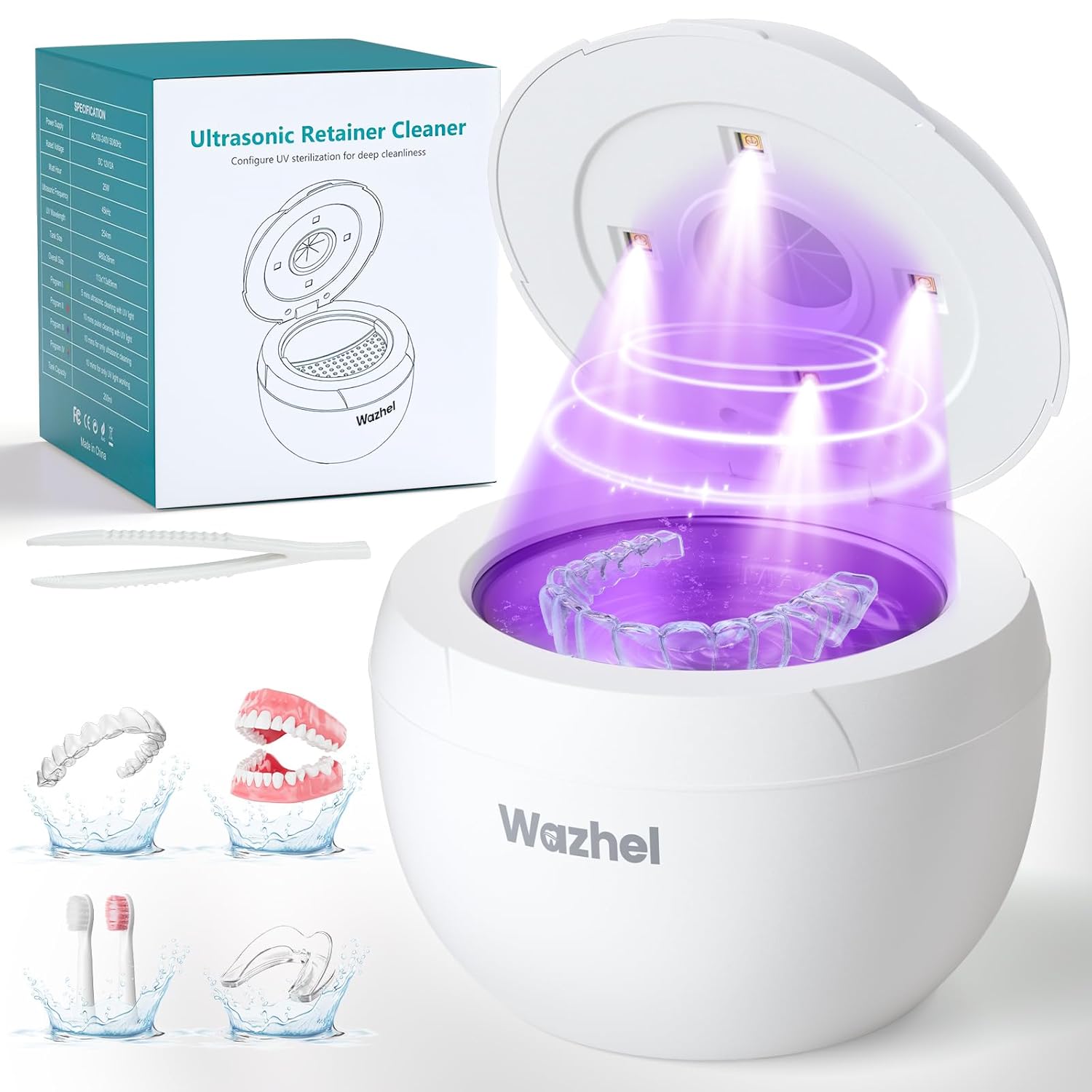 Ultrasonic Retainer Cleaner Machine 45kHz Dental Cleaning Pod for Denture Mouth Guard Night Guard Aligner Braces Toothbrush 200ML