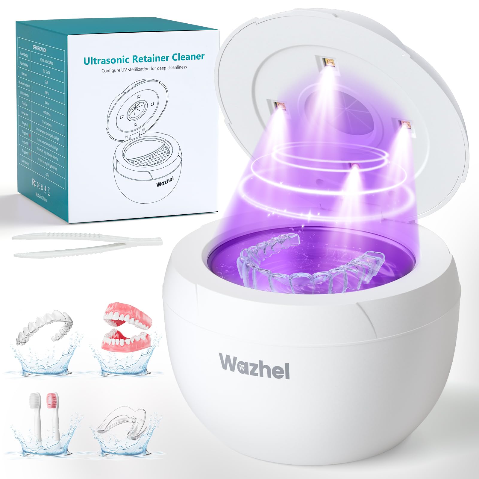 Ultrasonic Retainer Cleaner Machine 45kHz Dental Cleaning Pod for Denture Mouth Guard Night Guard Aligner Braces Toothbrush 200ML
