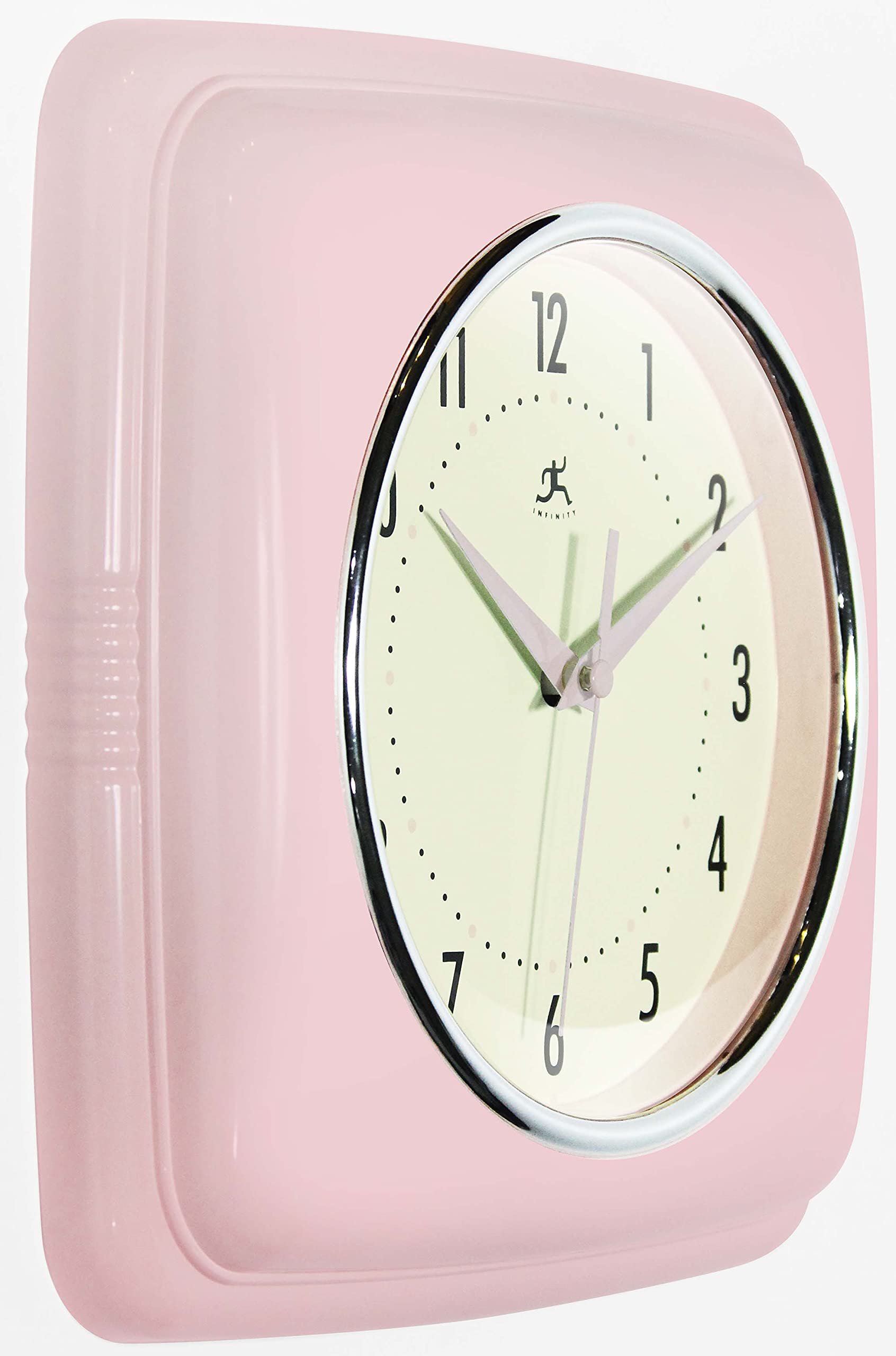 Infinity Instruments Square Silent Retro 9 inch Mid Century Modern Kitchen Diner Retro Wall Clock Quartz Sweep Movement (Pink) - Image 4