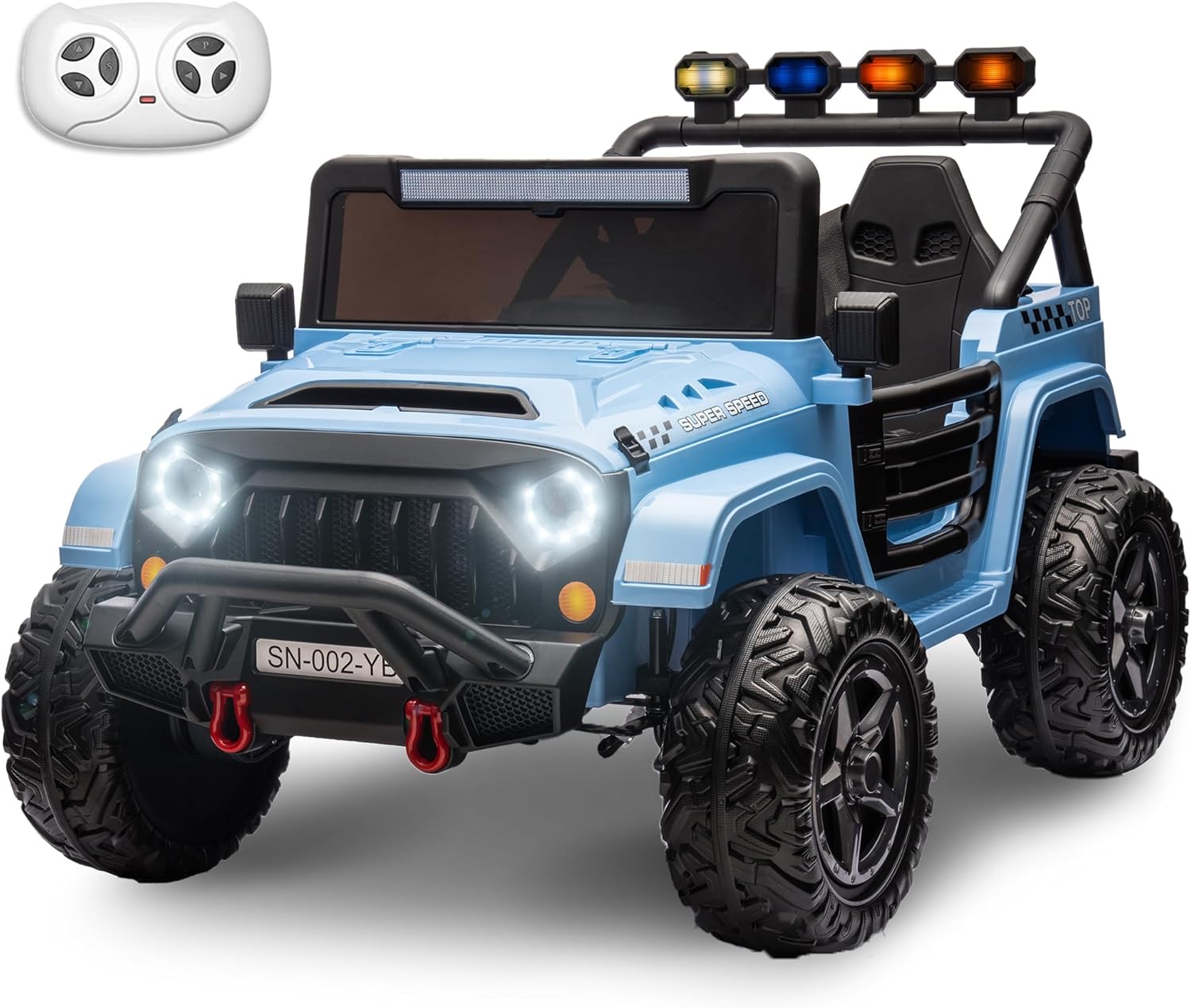 24V 2 Seater Ride On Truck with Remote Control 4WD Electric Car for Kids Ride On Car Battery Powered Ride On Toy Car with Music Player, LED Lights, Bluetooth, Rear Shock Absorber, Blue