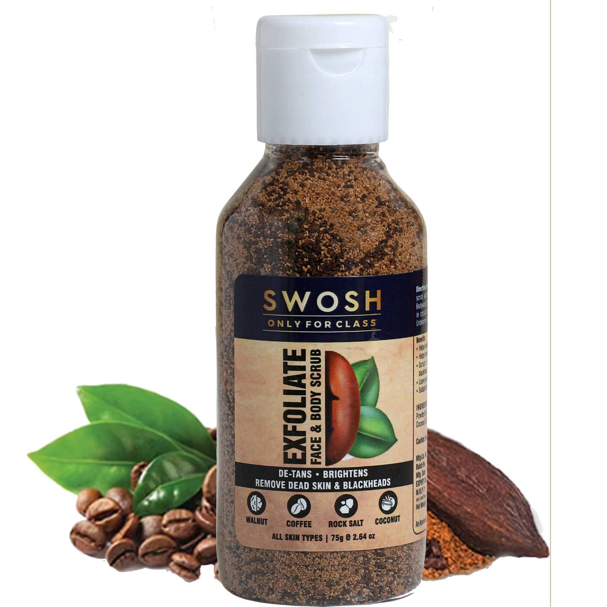 SWOSH Exfoliate Walnut Scrub 75g For Face & Body With Coffee & Coconut For Dead Skin Cells & Tan Removal, Blackheads, Dirt & Pollution Free Skin-picture-18