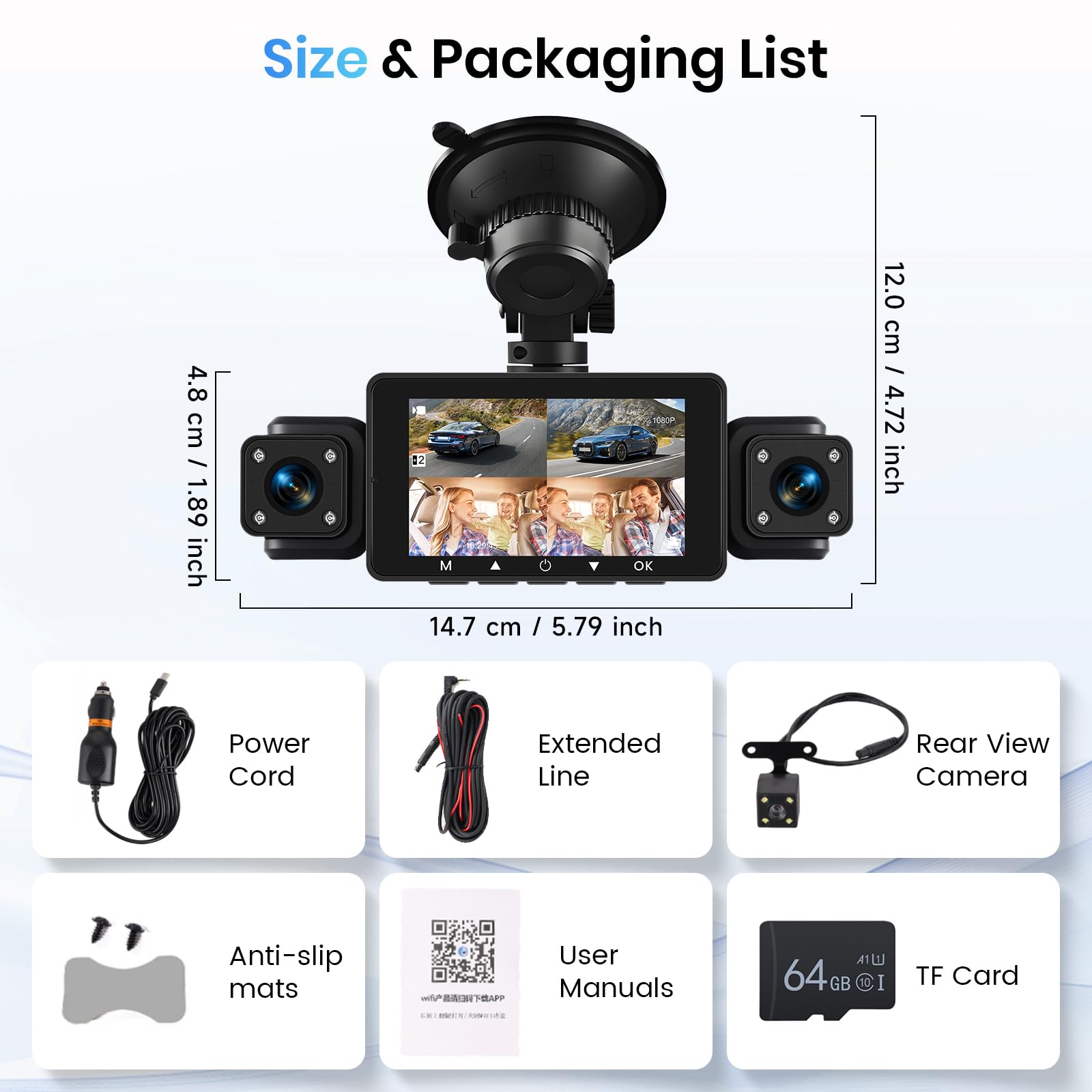 Hodozzy 1080P Dashcam Auto 360°, 4 Telecamere Anteriori e Posteriori, Visione Notturna IR, Schermo Tattile IPS 3", Registrazione in Ciclo, Sensore G, Visione Notturna, Assistenza alla Retromarcia
