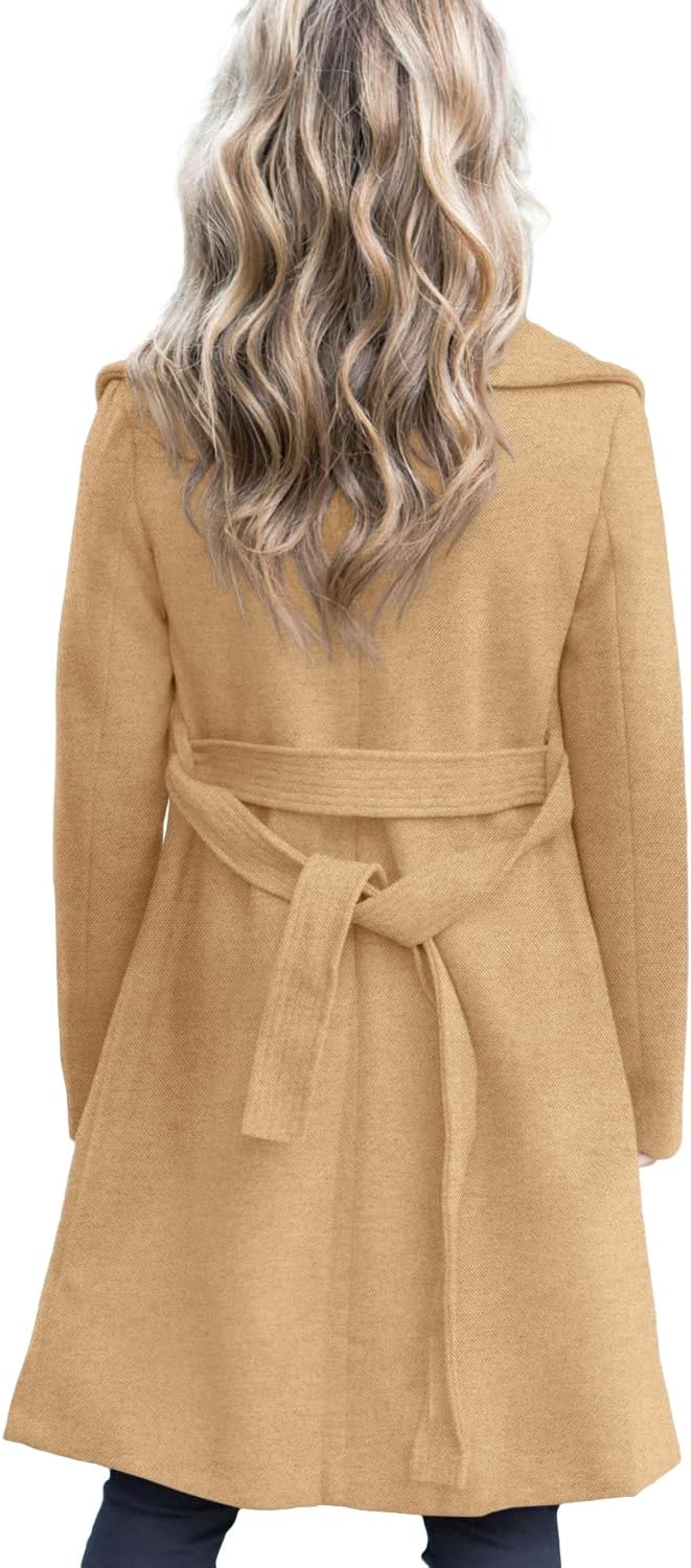 Fazortev Women's Winter Pea Coat Big Lapel Open Front Long Jackets Belted With Pockets - Image 3