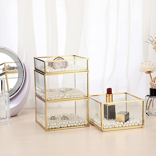 Miniatura 2 de Hipiwe Joyero de cristal dorado de 4 niveles, apilable, organizador de baratijas, caja de vidrio decorativa, soporte para puntas de Q, soporte de
