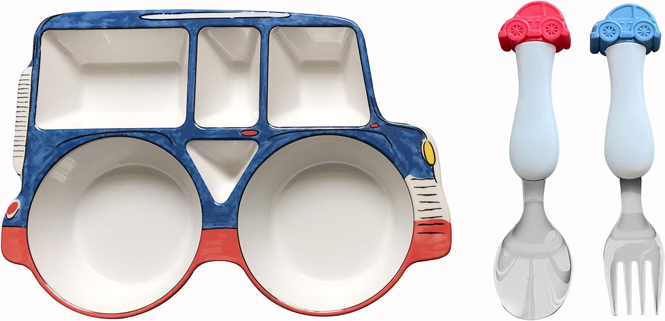 Car Shaped Plate and Spoon & Fork Set Divided Plate BPA Free Eco-Friendly Food Level Dinnerware Toddler Child Children Kids Snack Meal Plate Feeding Picky Eater Boys (CAR PLATE + SPOON & FORK)