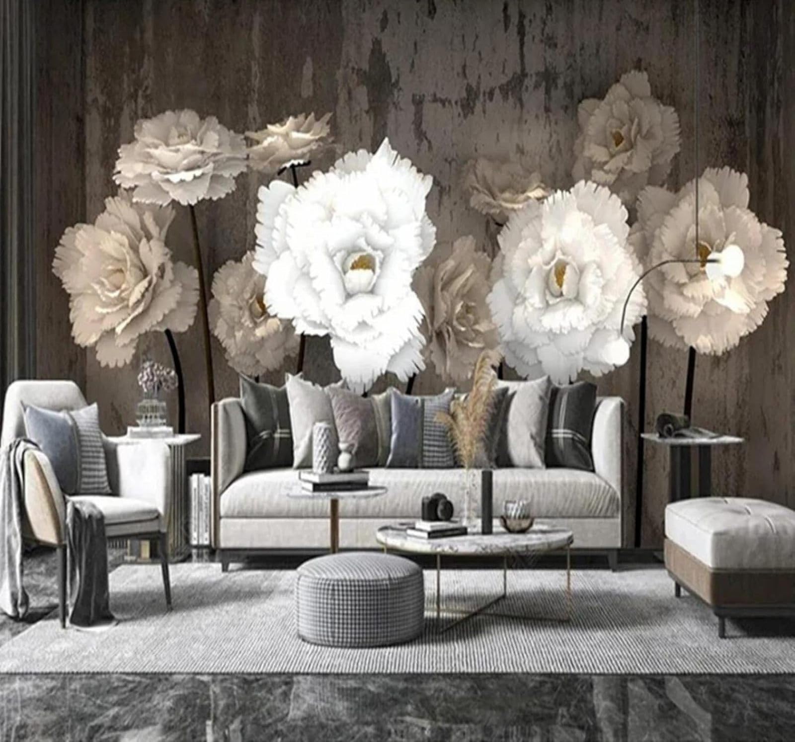 XLMING Retro Three Dimensional Minimalist White Floral 3D Wallpaper Silky Texture Home Study Office Grey Dining Room Sofa Bedroom Living Room TV Backdrop-400cm×280cm