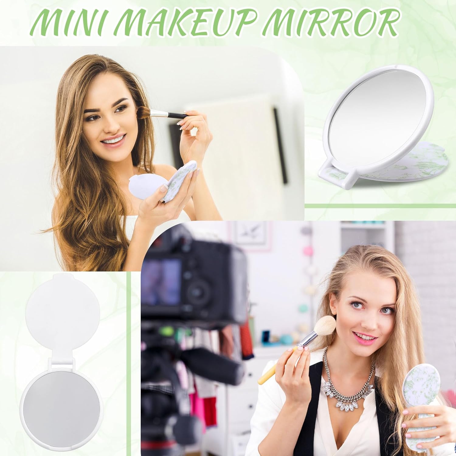 24 Pcs Floral Small Compact Mirrors Bulk for Women Mini Pocket Mirrors Purse Travel Makeup Portable Folding Glass Gift for Wedding Guest Bridal Shower Birthday Party Favor (Green) - Image 5