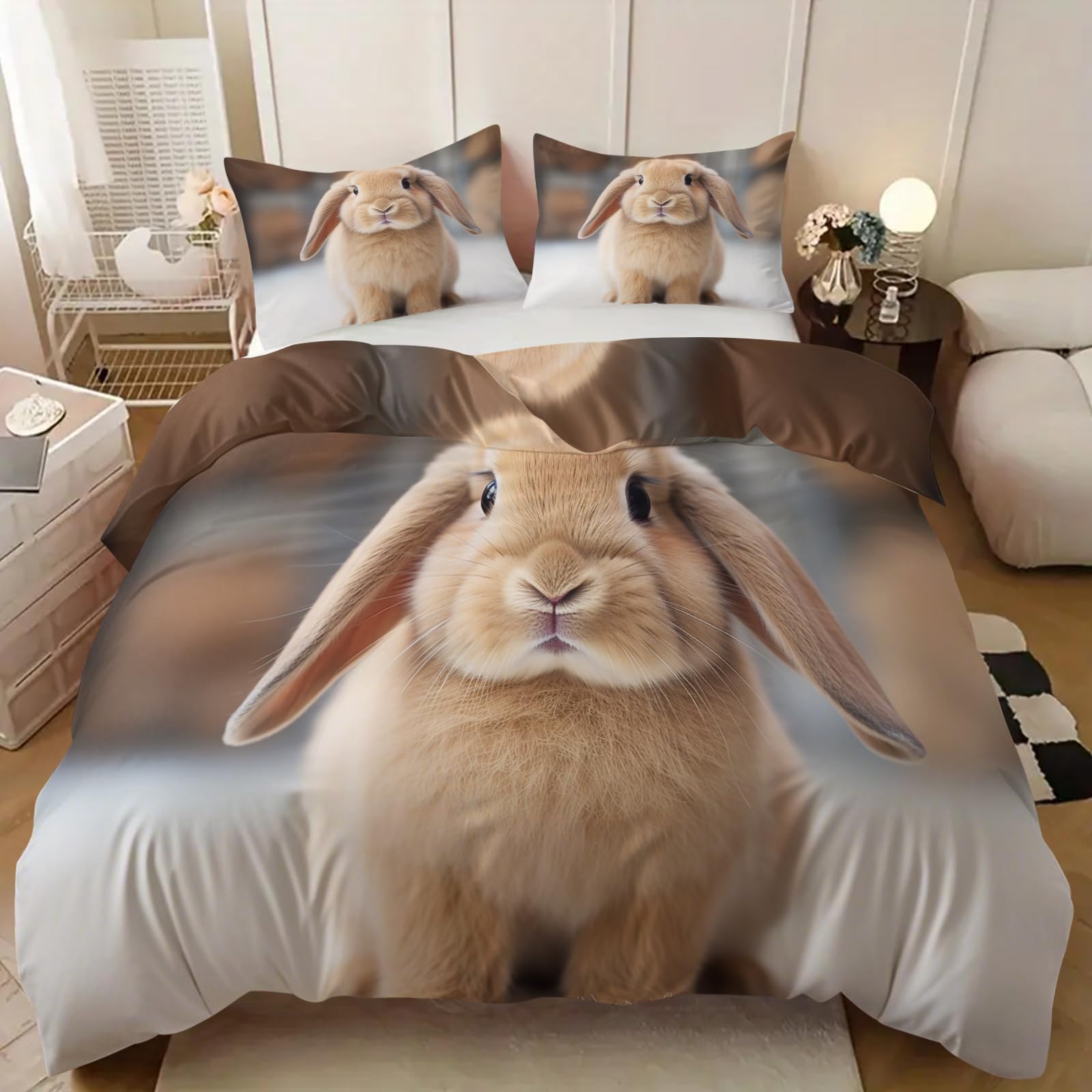 Double Duvet Cover Set Rabbit 200x200cm Cute Animal Bedding Sets Reversible Printed Quilt Cover,Comfy Soft Easy Care Non Iron Breathable Microfiber Bed Set