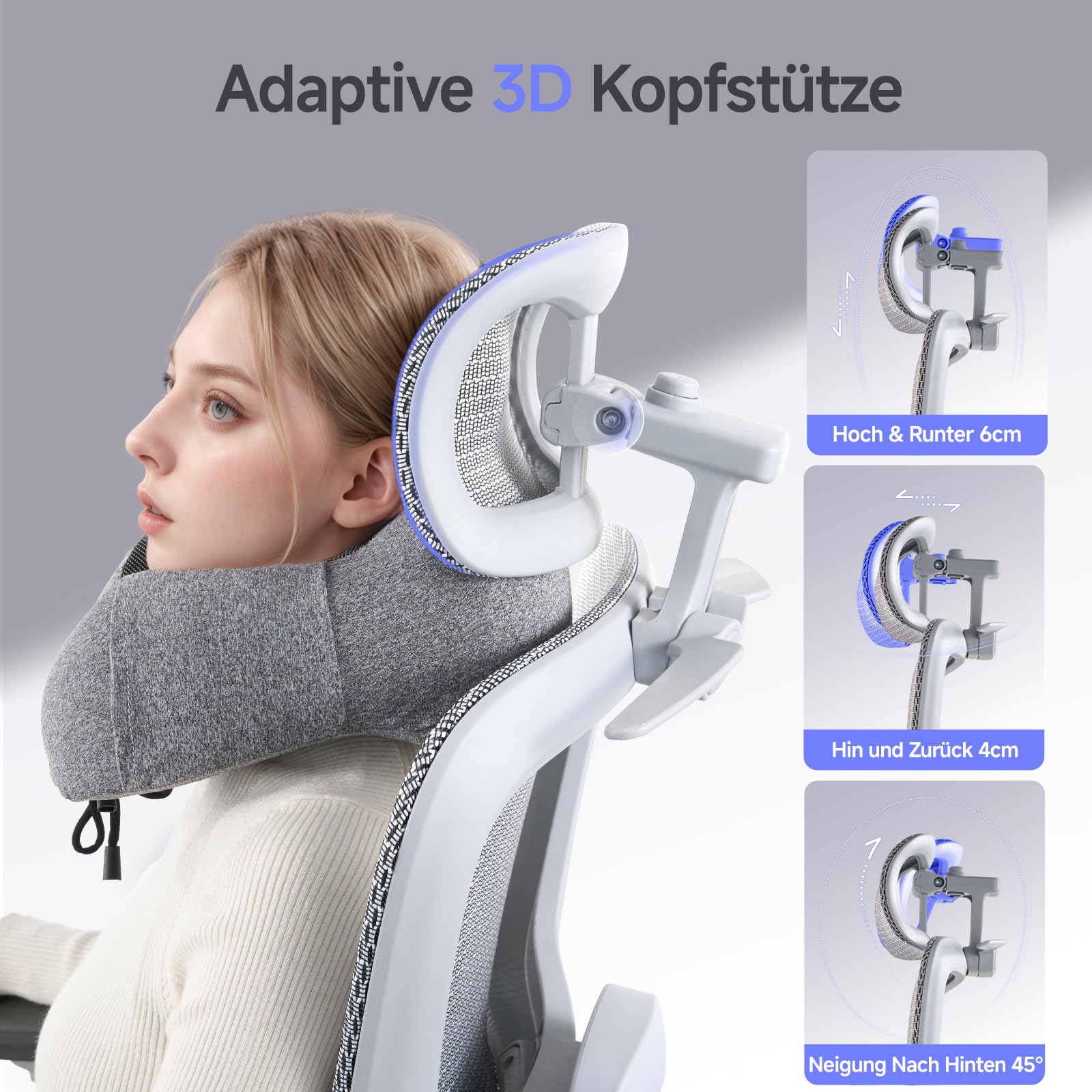 LarkLeaves Ergonomischer Bürostuhl mit Fußstütze & Nackenkissen, 5-Fach Höhenverstellbare Rückenlehne, 2D Lordosenstütze, 3D Armlehnen/Kopfstütze, 145° Neigefunktion, Mesh-Sitz, Gummirollen, Grau