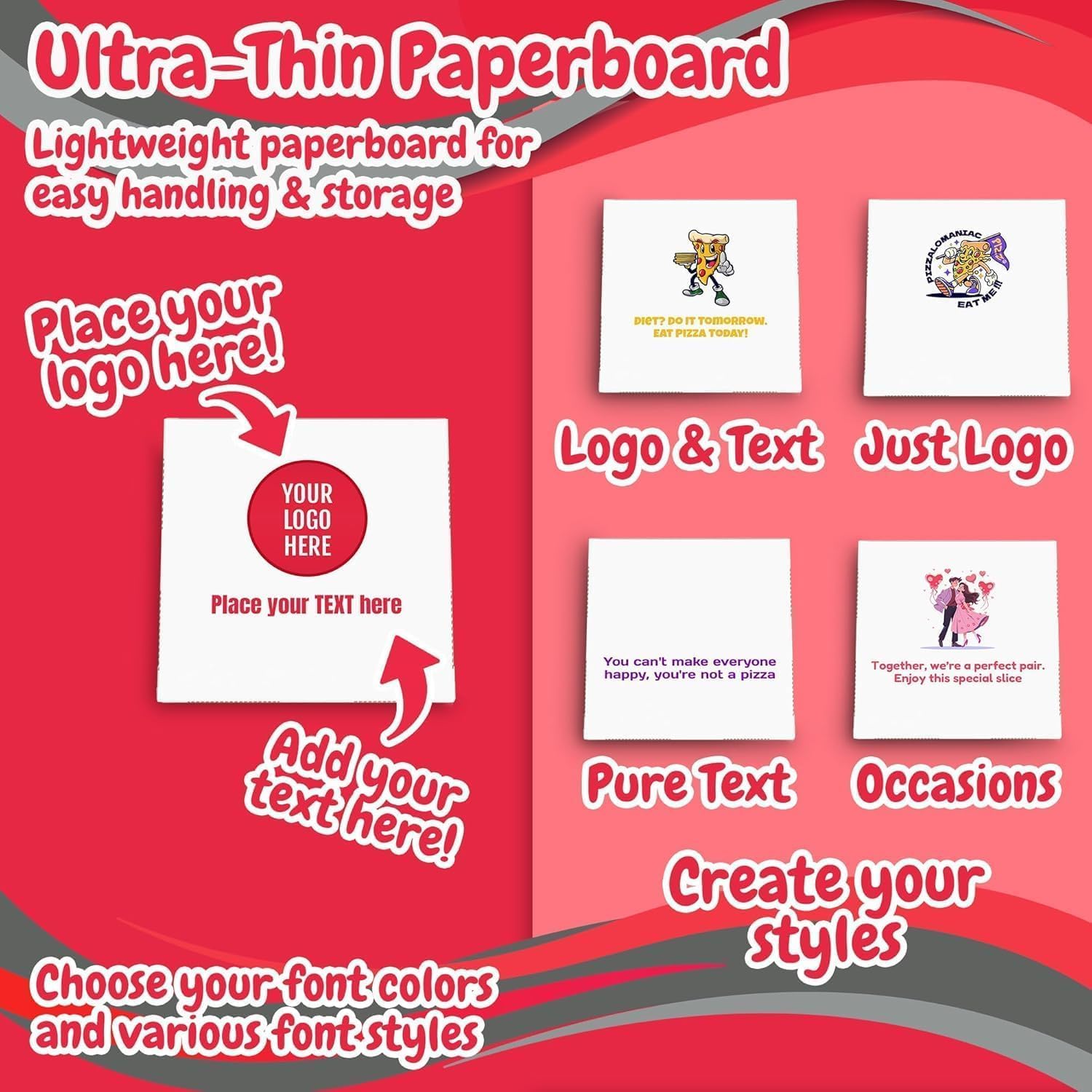 MT Products Custom Printed Pizza Boxes 12" x 12" x 1.9" - Extra Thin White Customizable Pizza Box with Logo (Pack of 15) - Made in the USA