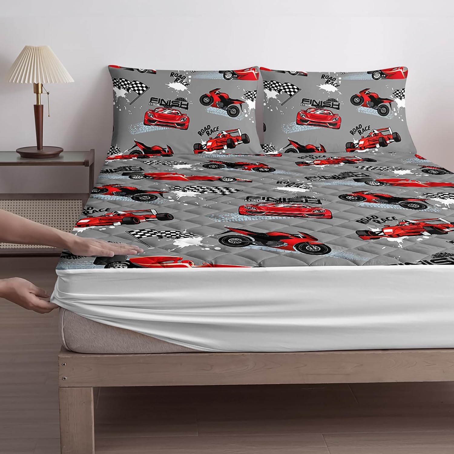 Axolotl Racing Cars Twin Mattress Cover,Red Cars Mattress Pad,Waterproof Mattress Protector,Breathable Mattress Pad Cover with Deep to 16" for Kids Boys Teens,1 Mattress Protector 2 Pillowcasess