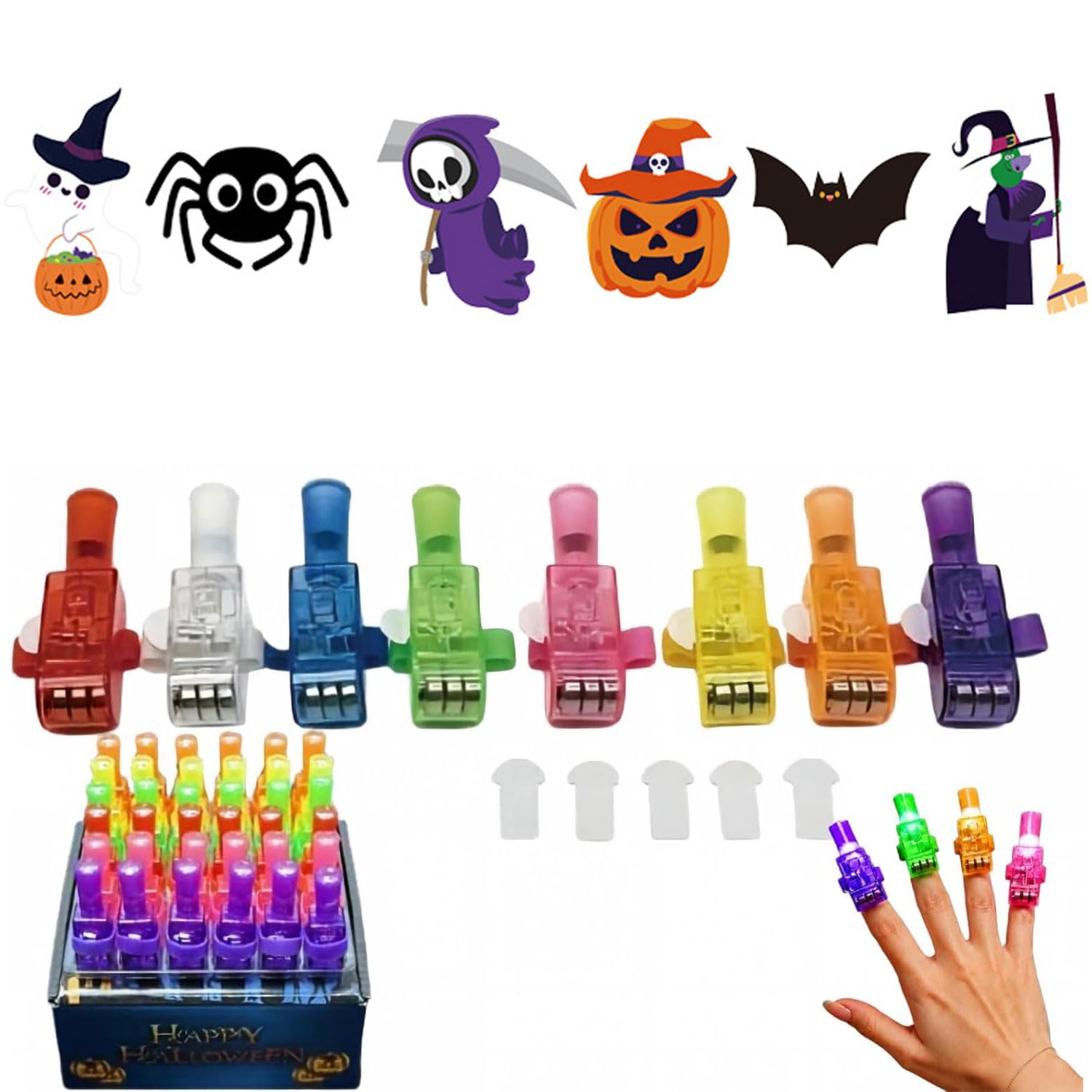 24 PCS Mini Colorful LED Finger Lights, Halloween Finger Projectors Lights, Mini Spooky Pattern Projector for Kids, LED Light Up Fingerlampe with Elastic Band & Slide Switch for Halloween Party，D