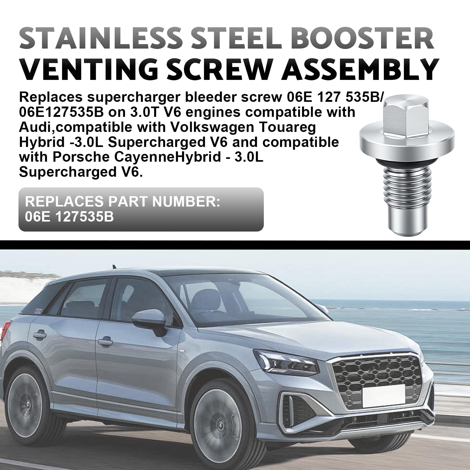 2PCS Stainless Steel Supercharger Bleeder Screw Kit Compatible with Audi A6 A7 A8 Q5 Q7 S4 S5 SQ5 & VW Touareg Porsche Cayenne 3.0L V6, Replaces 06E 127 535B, Includes 6 Black FKM O-Rings