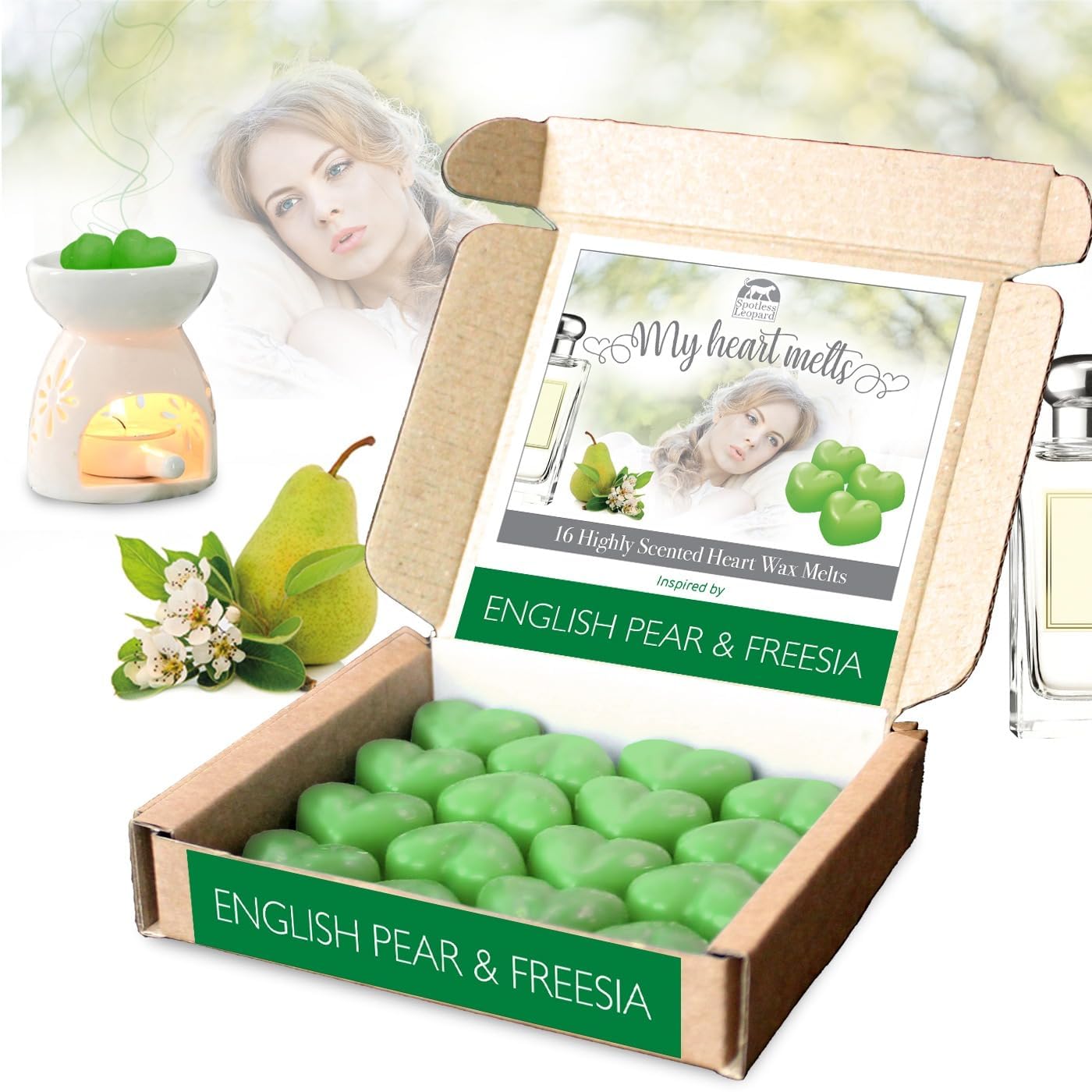 English Pear & Freesia Wax Melts: 16 x 5g Heart Shaped, Vibrant Green, Small - Image 3